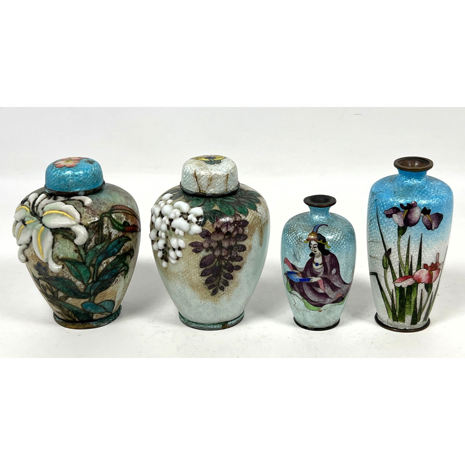 4pcs Japanese Meiji period miniature cloisonne enamel vessels Vases. (1 of 16)