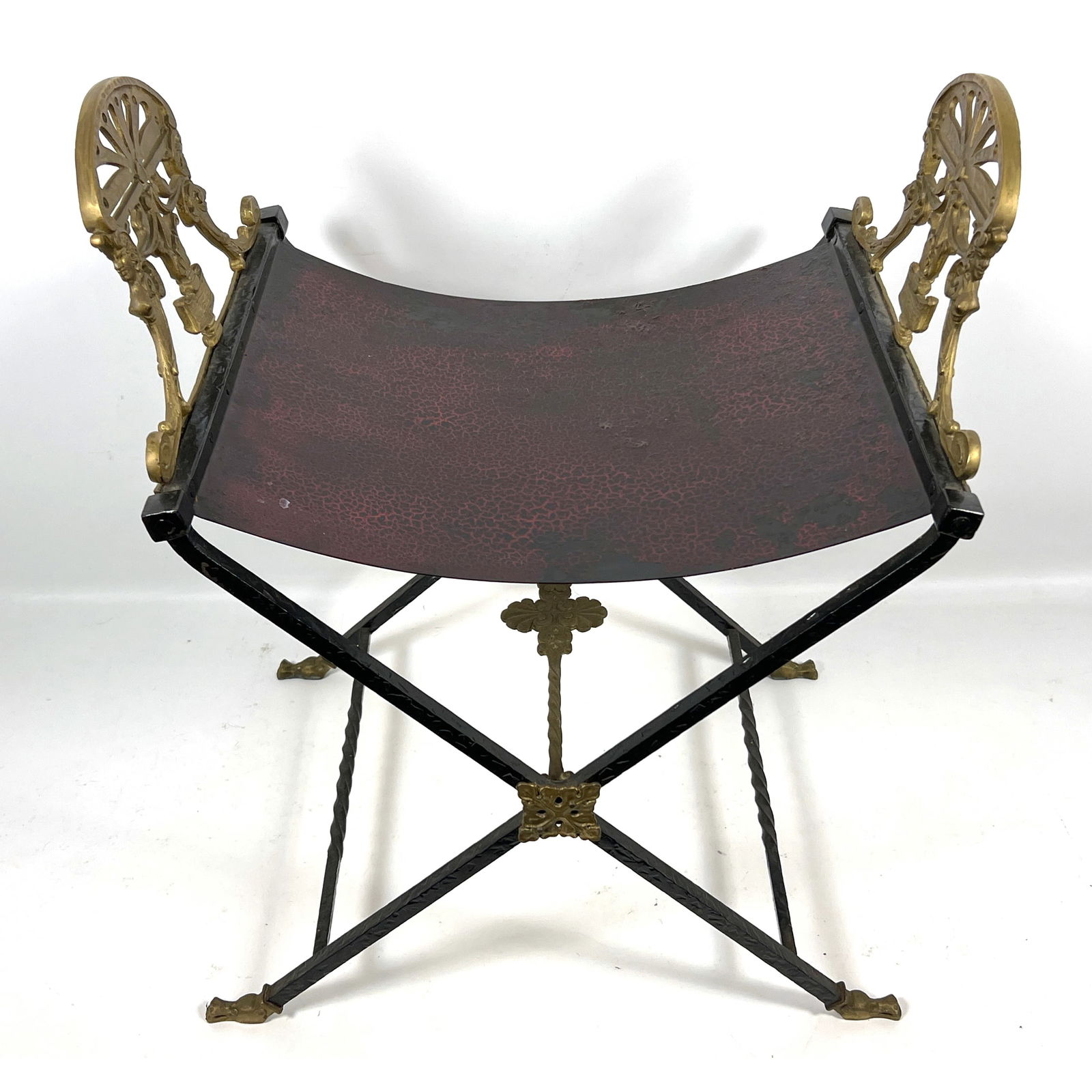 Oscar Bach style Wrought Iron Sling Seat Chair. Black Iron Frame with ornate brass accents. Painted (1 of 11)