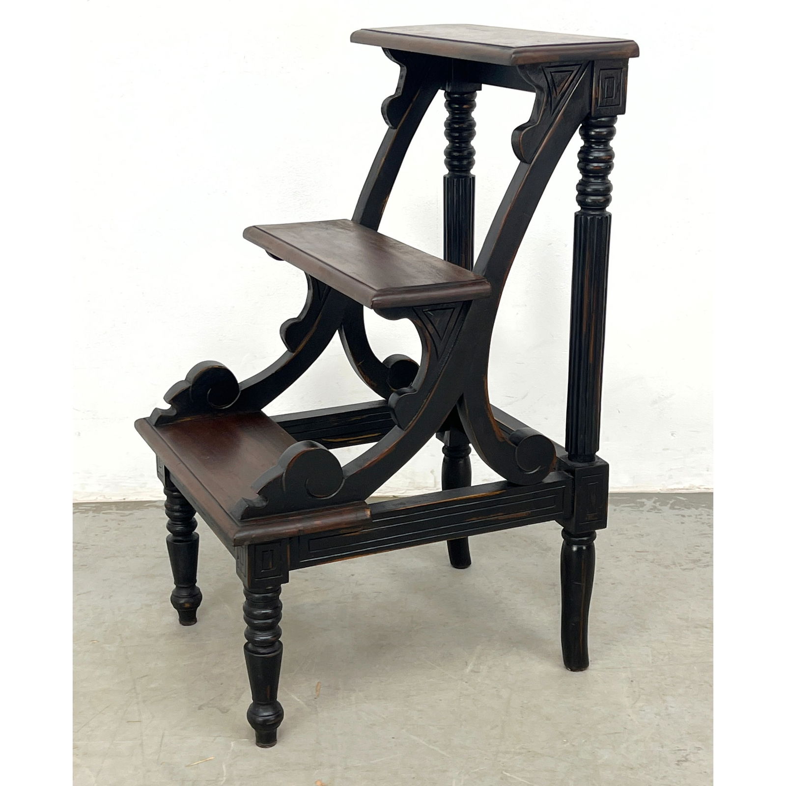 Antique Victorian Style Wood Library Steps. Walnut steps on dark stained frame. Carved and Turned El (1 of 10)