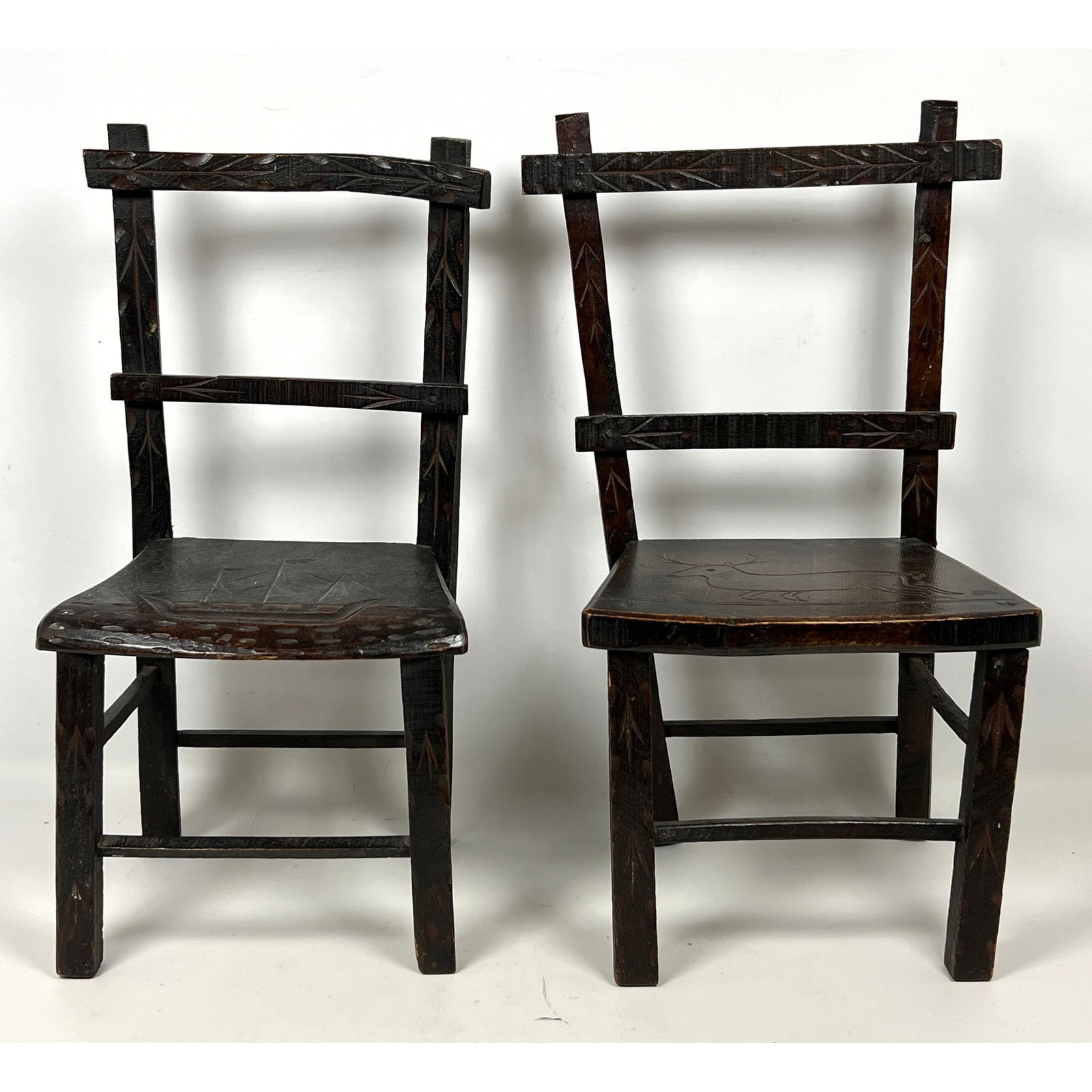 Pair Folk Art Children's Carved Wood Chairs. Probably European. 1 With Ship and 1 with Elk. (1 of 13)