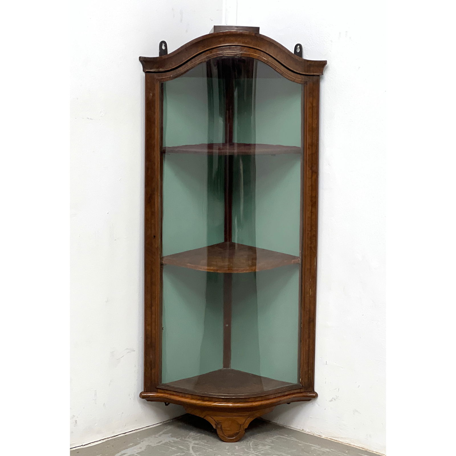 Antique Walnut Hanging Corner Cabinet. Bowed Glass Front. Arched Pediment. Painted Interior has Thre (1 of 9)