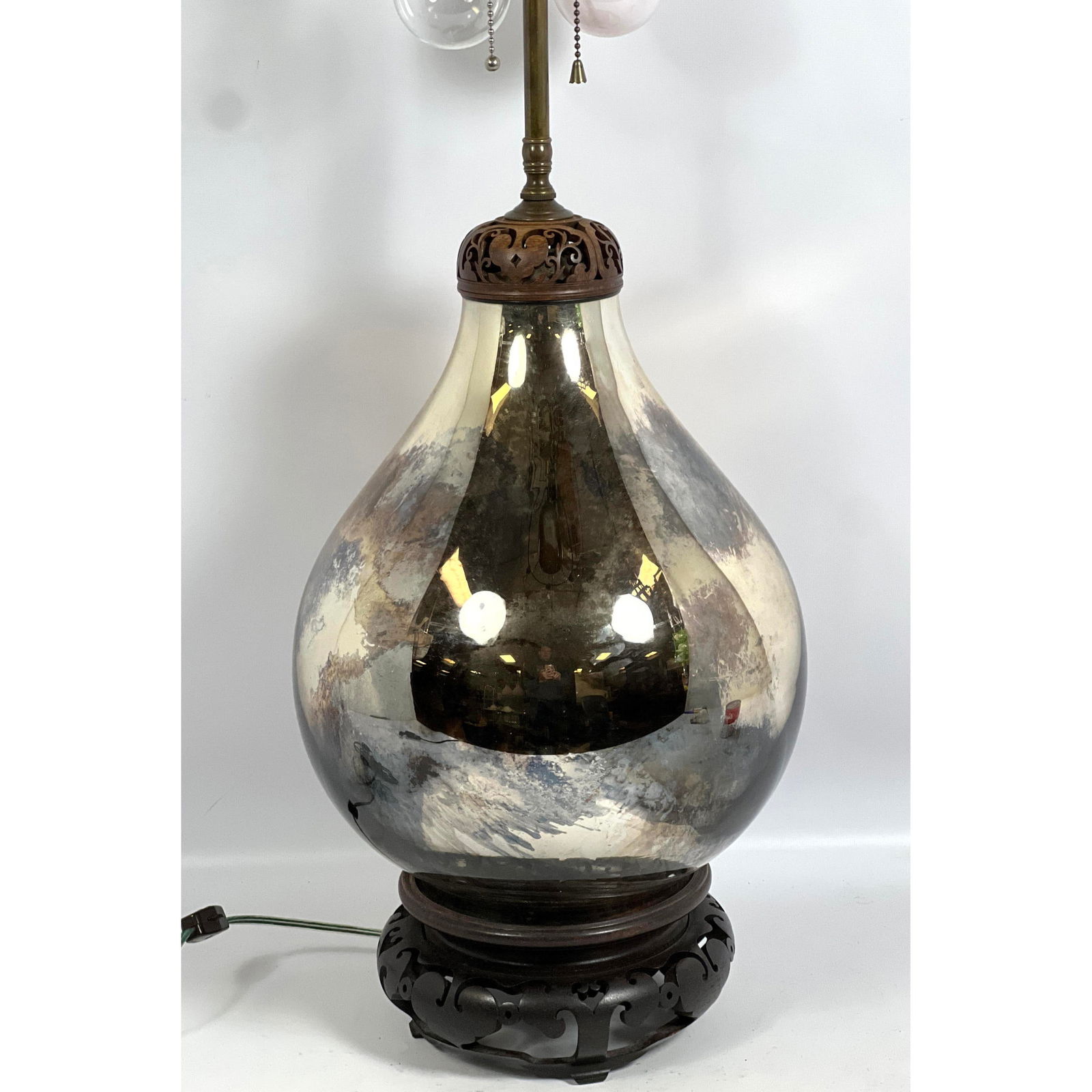 Bulbous Silvered Glass Table Lamp. Mercury Glass. Filigree Carved Top Trim. (1 of 9)