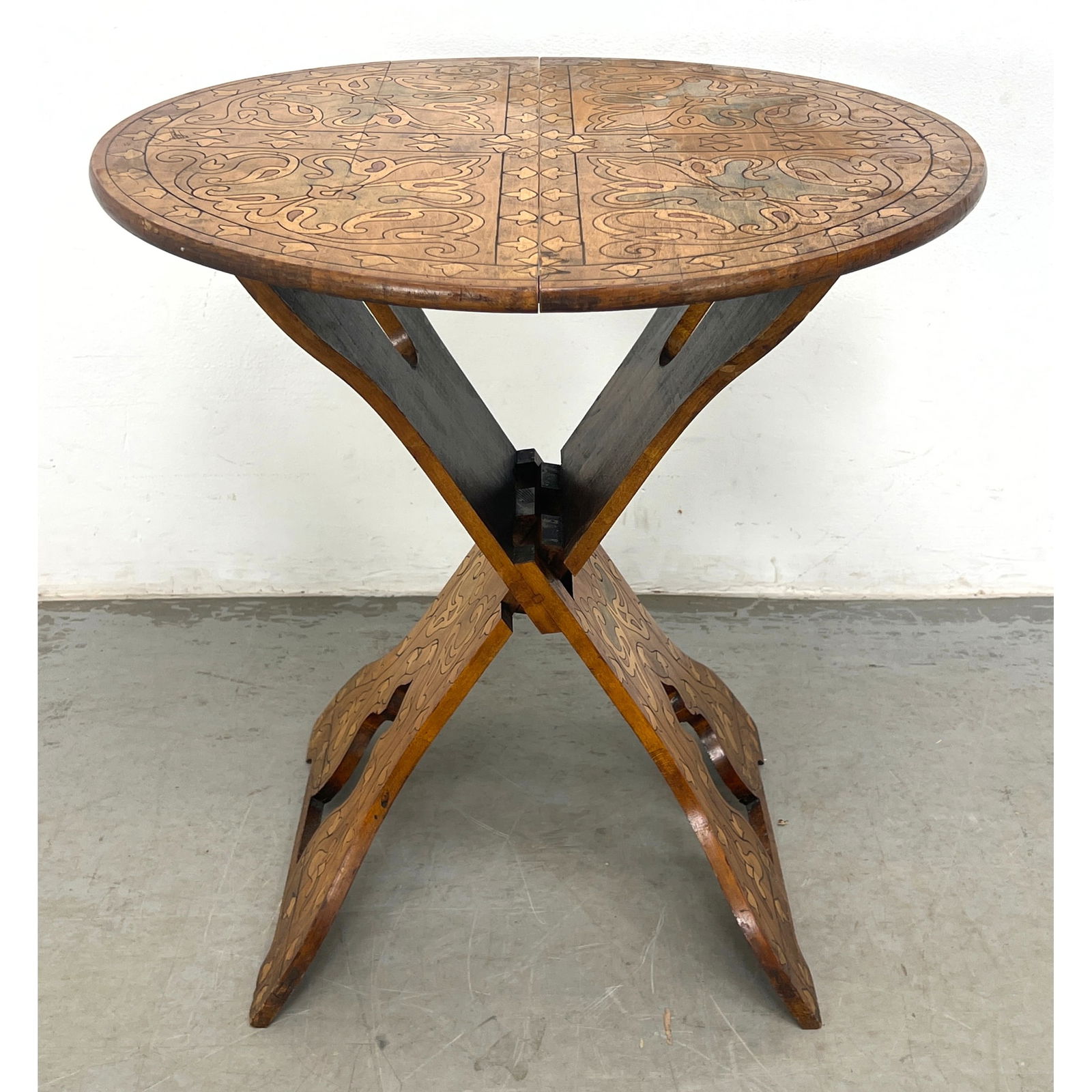Anglo-Indian Folding Pyrography Style Round Table. Ornate design. (1 of 8)
