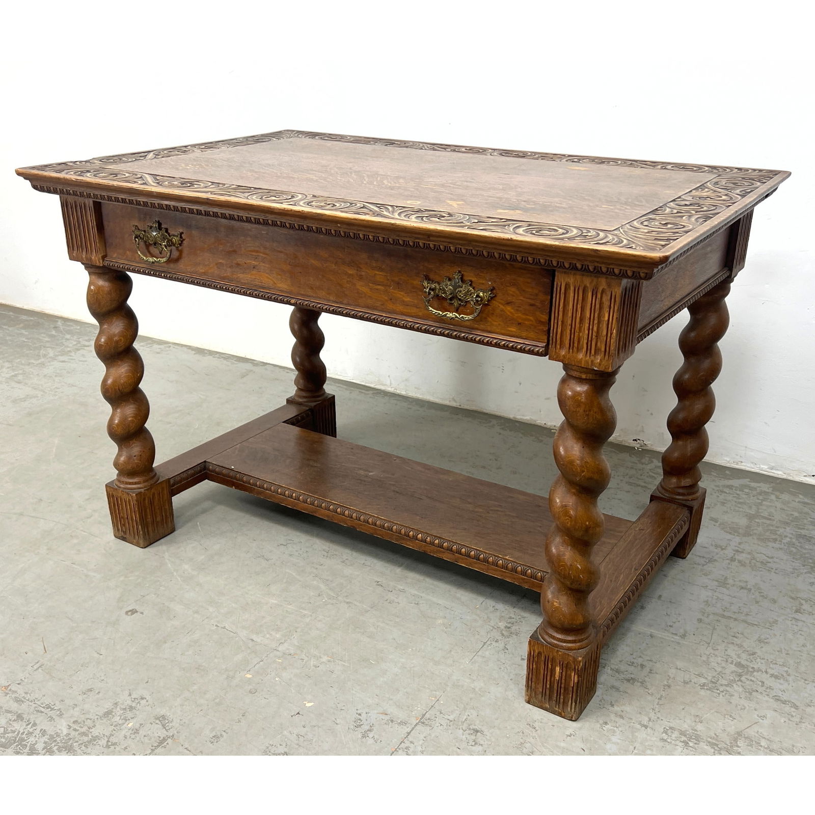 Antique Carved Oak Library Desk Table. Twist legs. Carved top. (1 of 12)