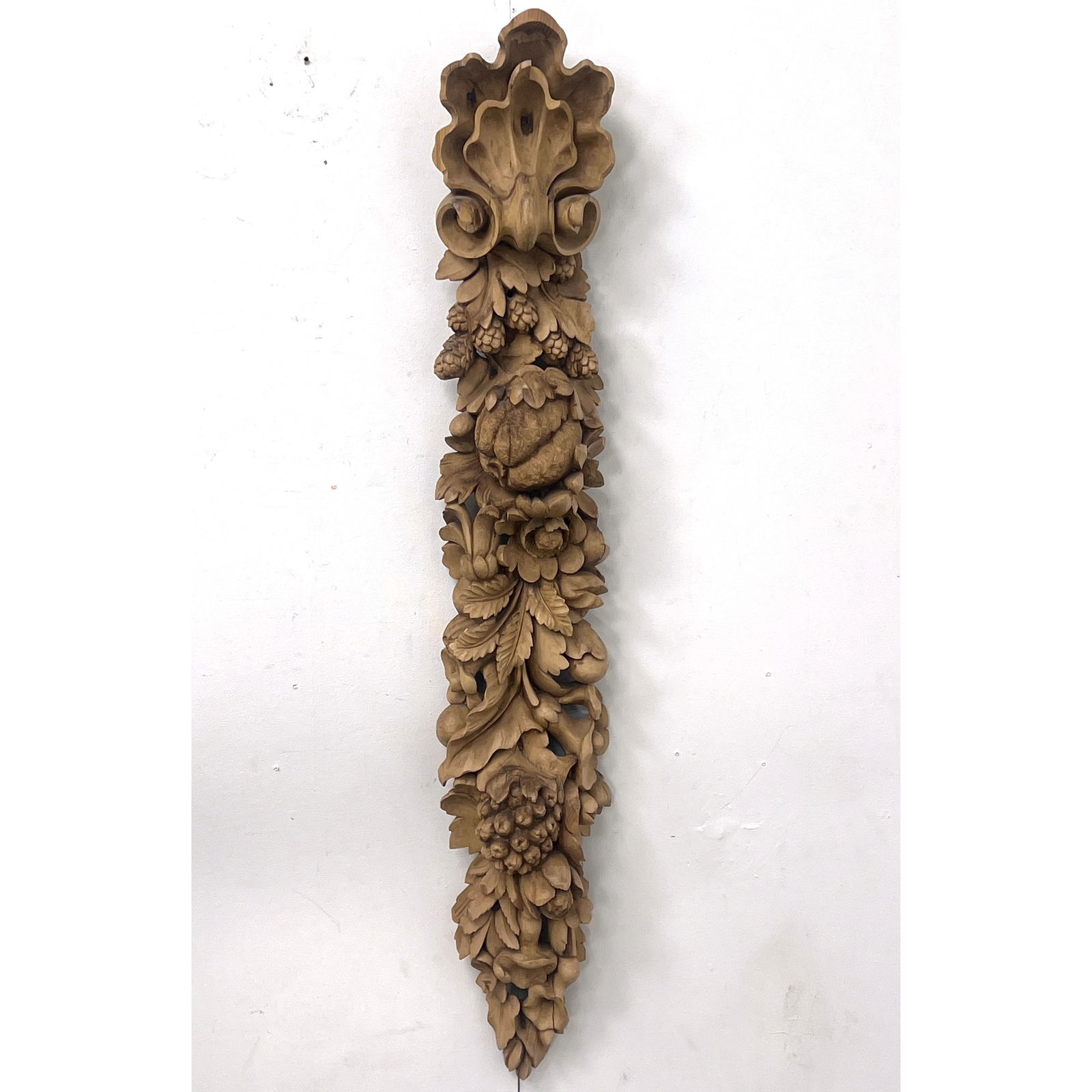 Vintage Natural Wood Carved Decorative Element. Deep Relief Carved Shell, Scrolls, Leaves and Nuts. (1 of 9)