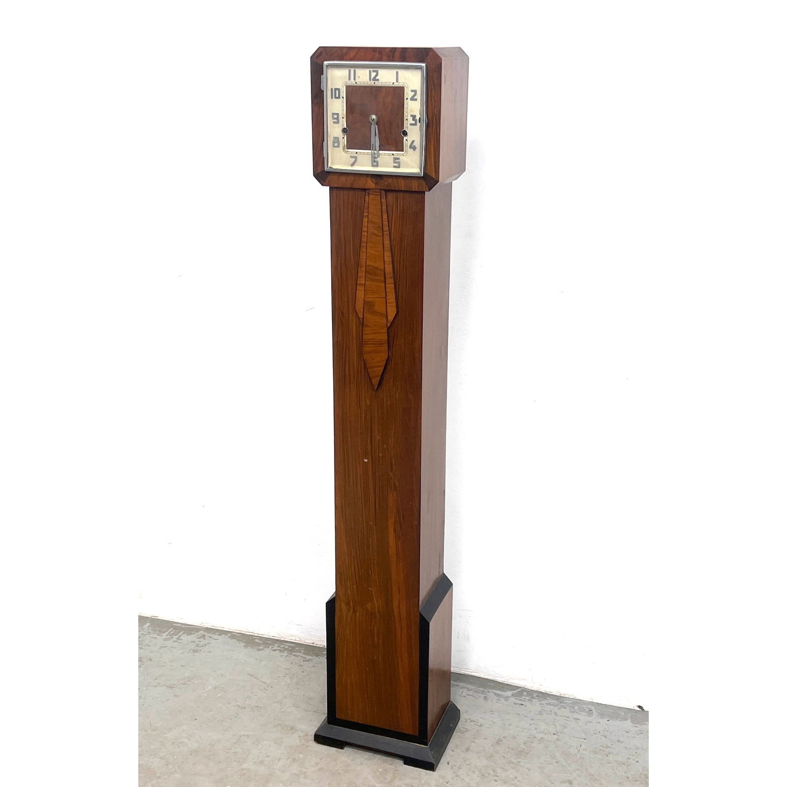 Art Deco Fllor Clock Chimes. Exotic Wood Case. Interior Pendulum. Works marked Foreign. (1 of 12)