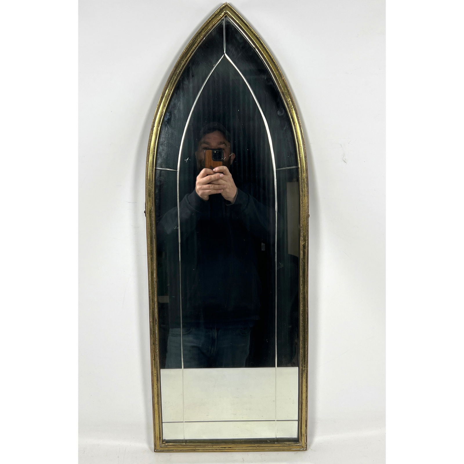 Vintage Gothic Revival Brass Arched Wall Mirror. Metal Back. (1 of 10)