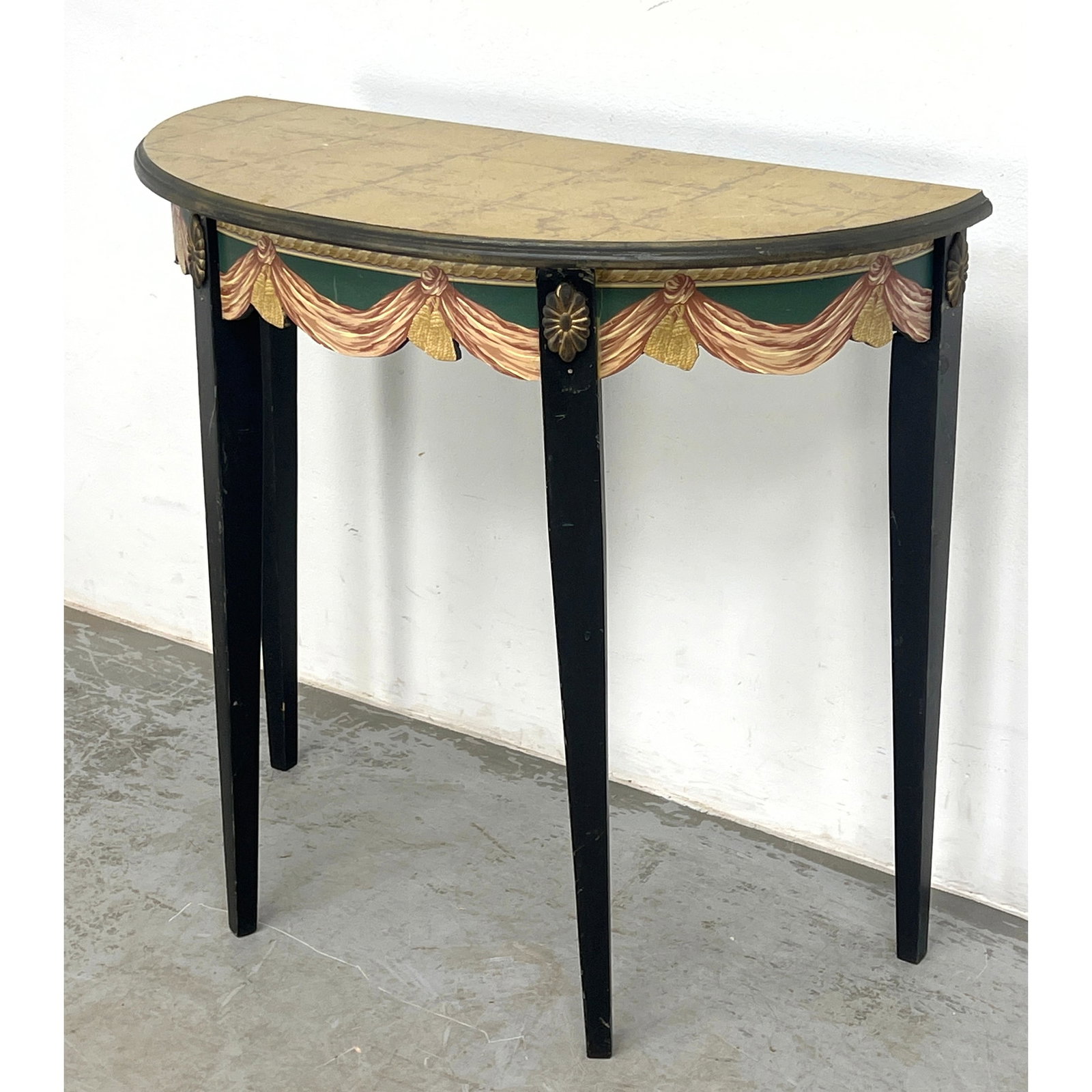 Designer Faux Painted Drapery Demi Lune Table. Demi Lune Top has Gold Leaf Finish. Skirt is painted (1 of 9)