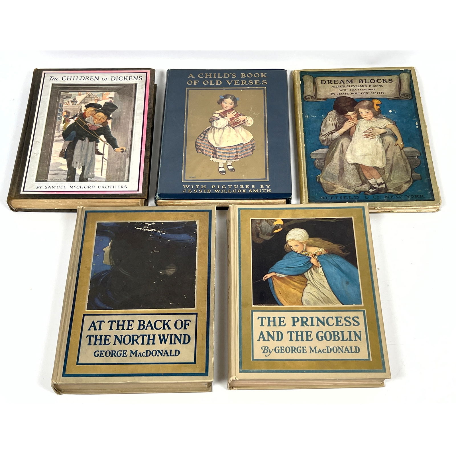 5pcs Illustrated Books. collection of five early 20th-century hardcover children's books, all promin: 5pcs Illustrated Books. collection of five early 20th-century hardcover children's books, all prominently featuring illustrations by Jessie Wilcox Smith. The lot includes: "Dream Blocks" by Aileen Cle