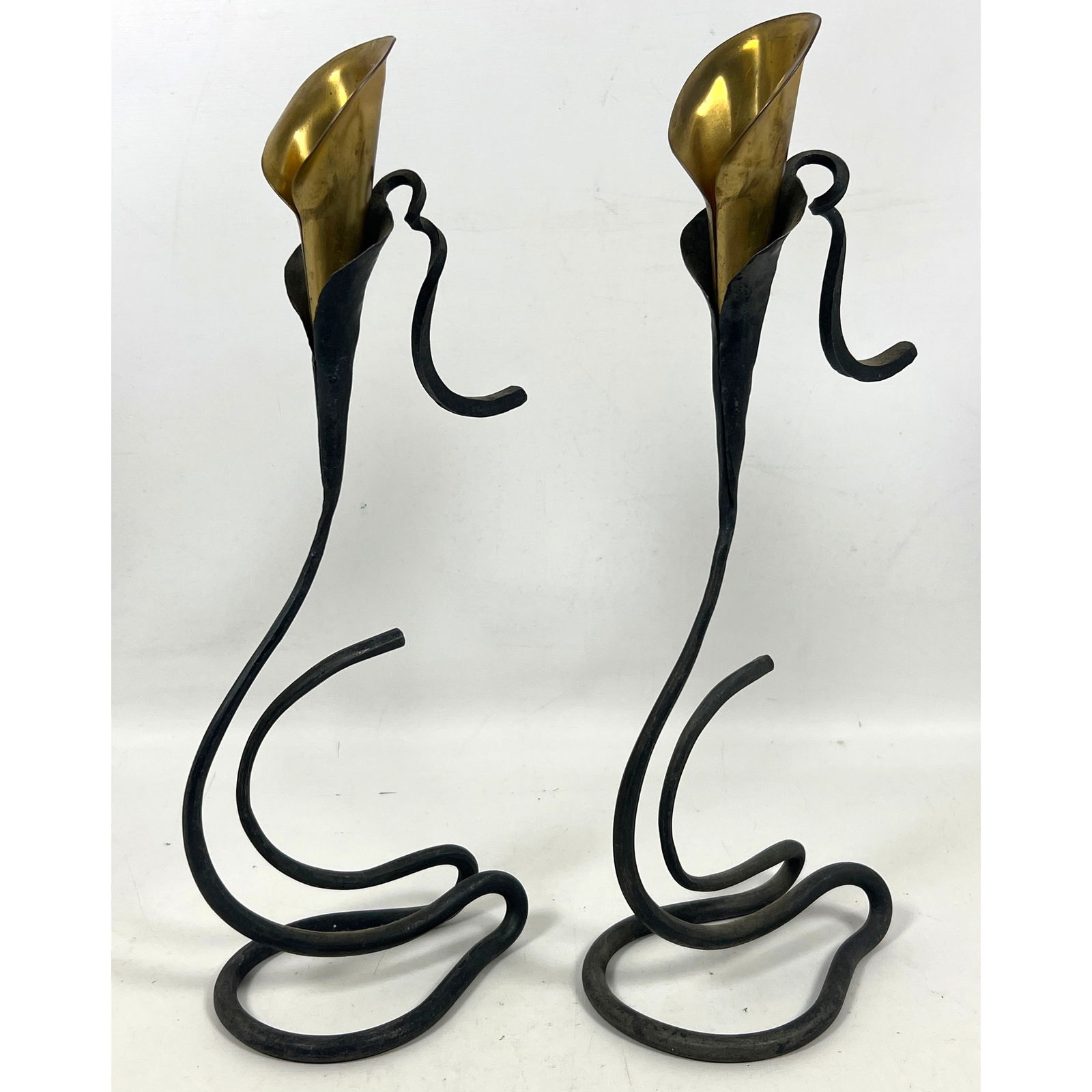 Pr JACK BRUBAKER Wrought Iron Candlesticks. Calla Lily Form with Brass Candle Holder. Hand forged. A (1 of 10)