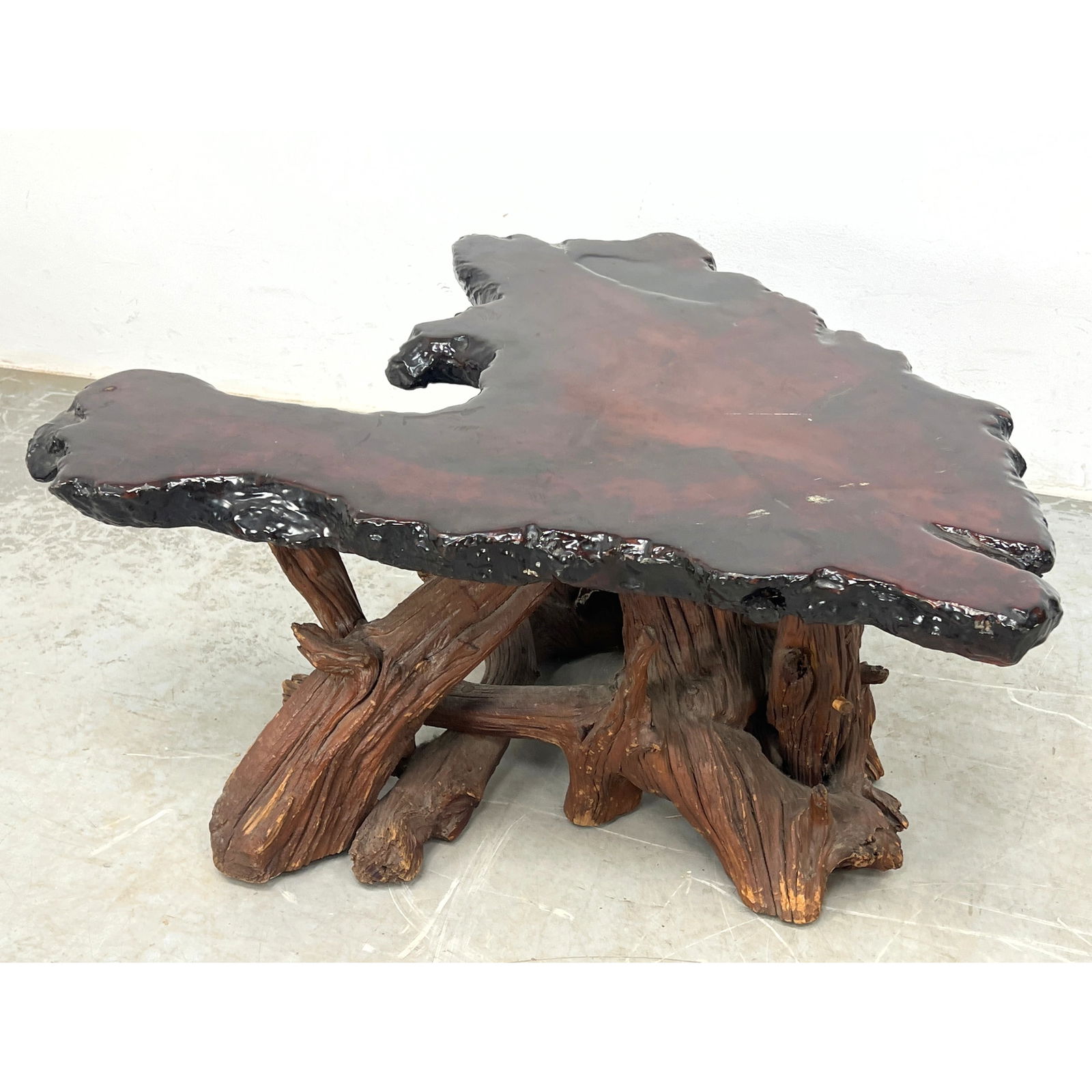 Live Edge Wood Slab Artisan Coffee Table. Naturalist Boomerang form Top supported by Driftwood Legs. (1 of 8)