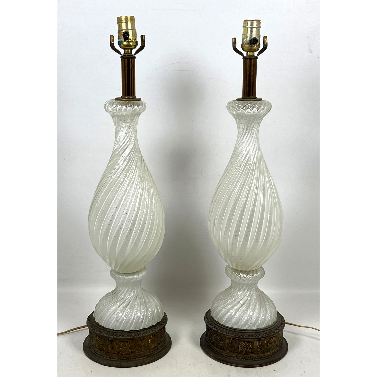Pair Mid Century Modern Italian Murano Glass Table Lamps. Barovier and Toso style Swirl Design.: Pair Mid Century Modern Italian Murano Glass Table Lamps. Barovier and Toso style Swirl Design. Dimensions: Height: 25.5 inches, Width: 6 inches, Depth: 6 inches. - Additional Dimensions: Glass only H
