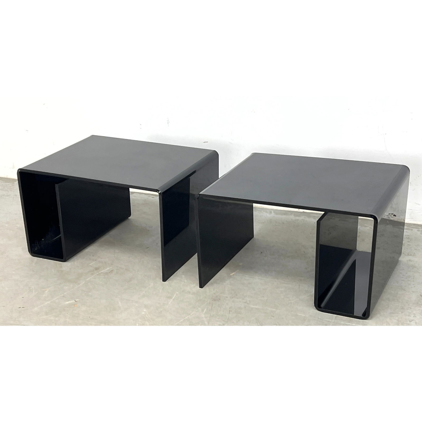 Pair Mid Century Modern Black Acrylic Side Table That can interlock. Multi positional. (1 of 7)