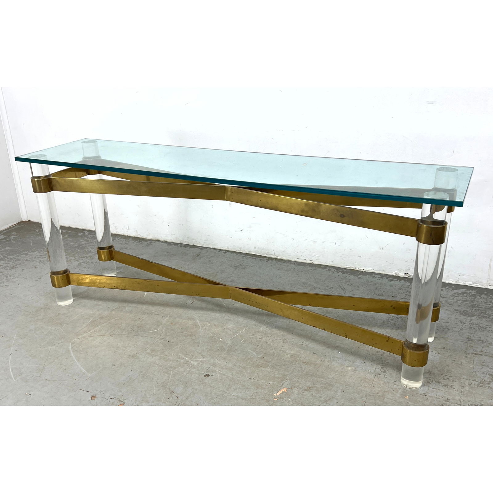 Lucite and Brass Console sofa Table by Karl Springer. Thick glass top. Console table having thick lu (1 of 8)
