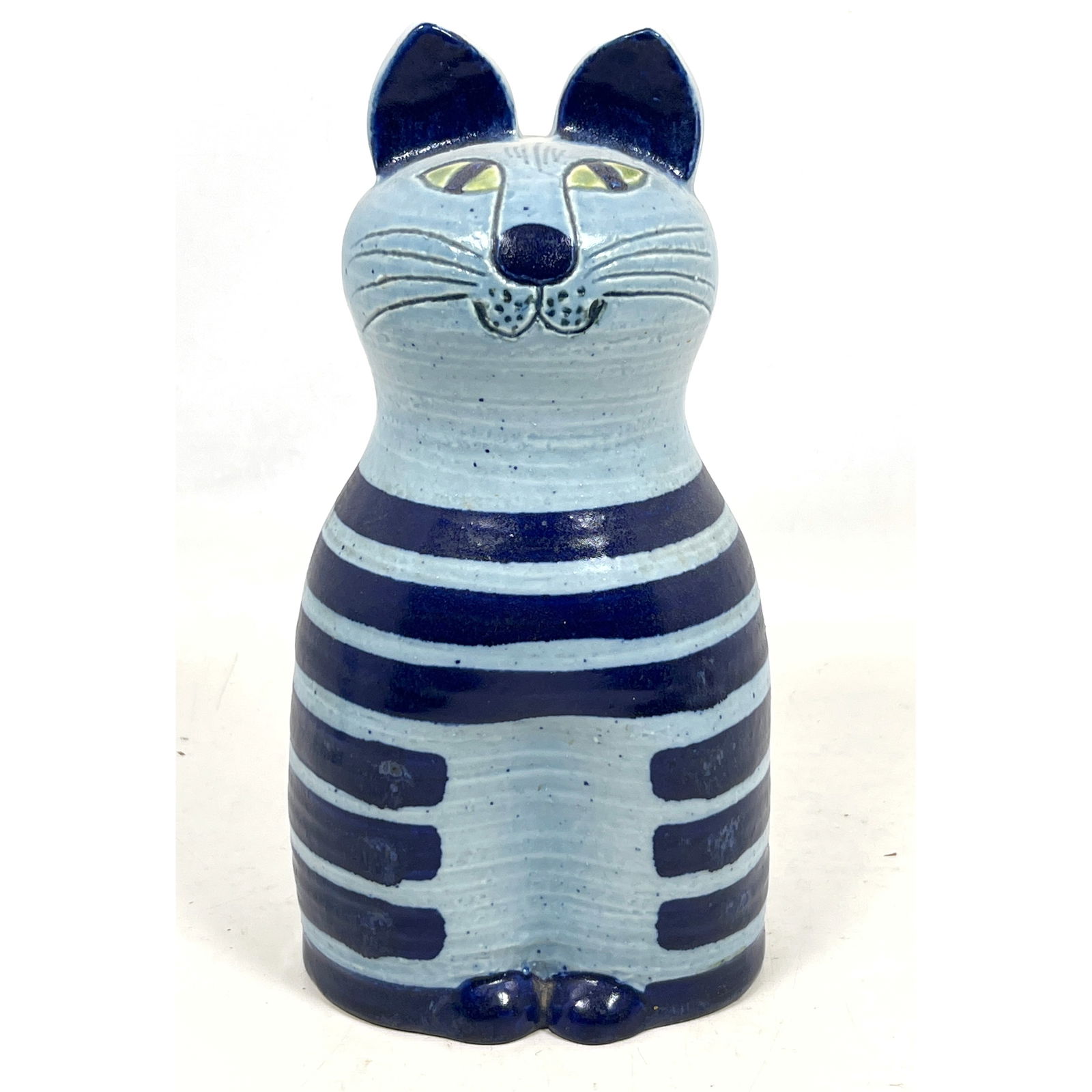 LISA LARSON for GUSTAVSBERG Cat Figure. Stoneware Trull Cat. Navy Striped Glaze. Impressed Marks.: LISA LARSON for GUSTAVSBERG Cat Figure. Stoneware Trull Cat. Navy Striped Glaze. Impressed Marks. Dimensions: Height: 10.5 inches, Width: 5.5 inches, Depth: 5.5 inches. --- US Packing and Shipping cha