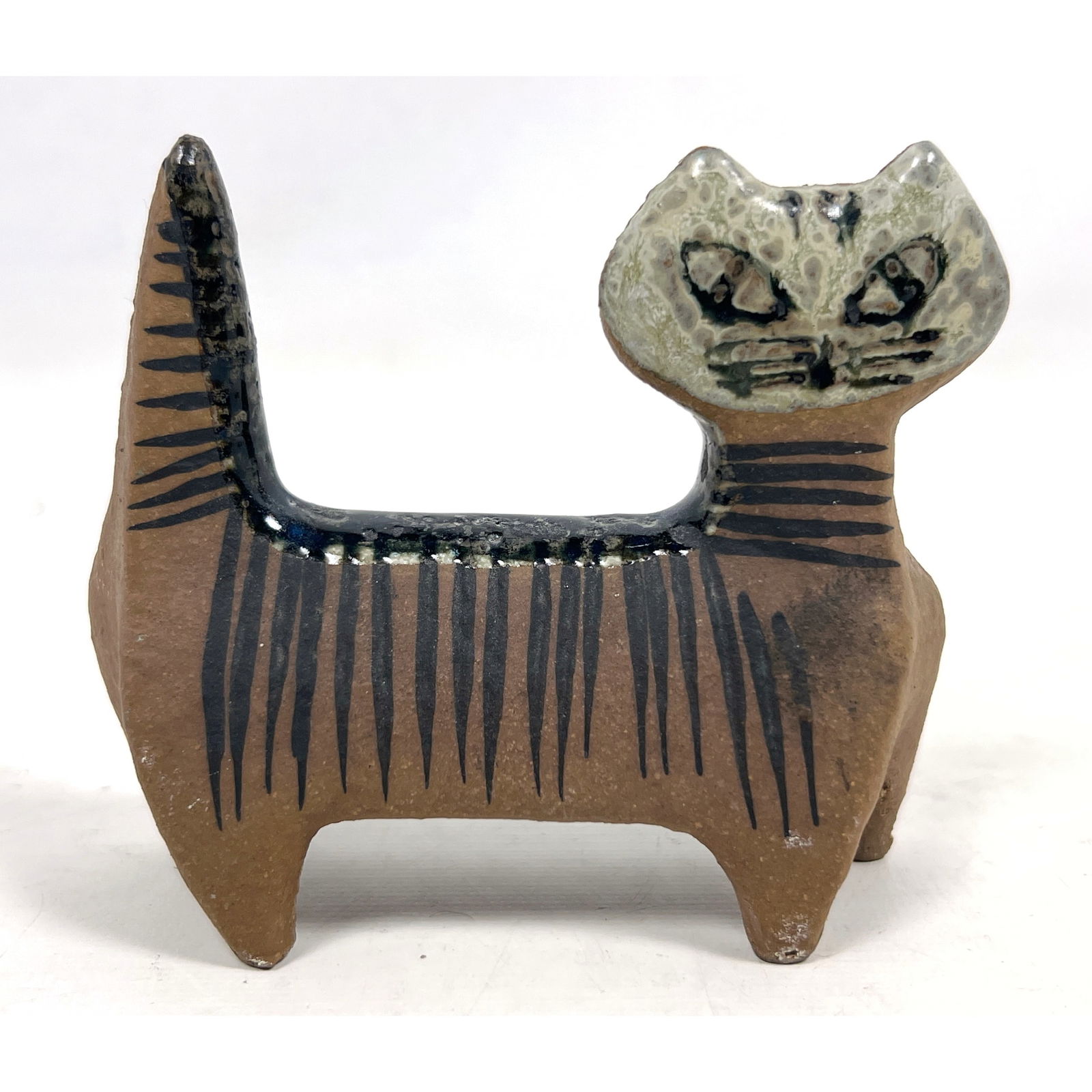 LISA LARSON for GUSTAVSBERG Stoneware Cat Figure. Glazed Face. Striped Body and Tail. Not Marked.: LISA LARSON for GUSTAVSBERG Stoneware Cat Figure. Glazed Face. Striped Body and Tail. Not Marked. Dimensions: Height: 4 inches, Width: 4.5 inches, Depth: 2 inches. --- US Packing and Shipping charge: