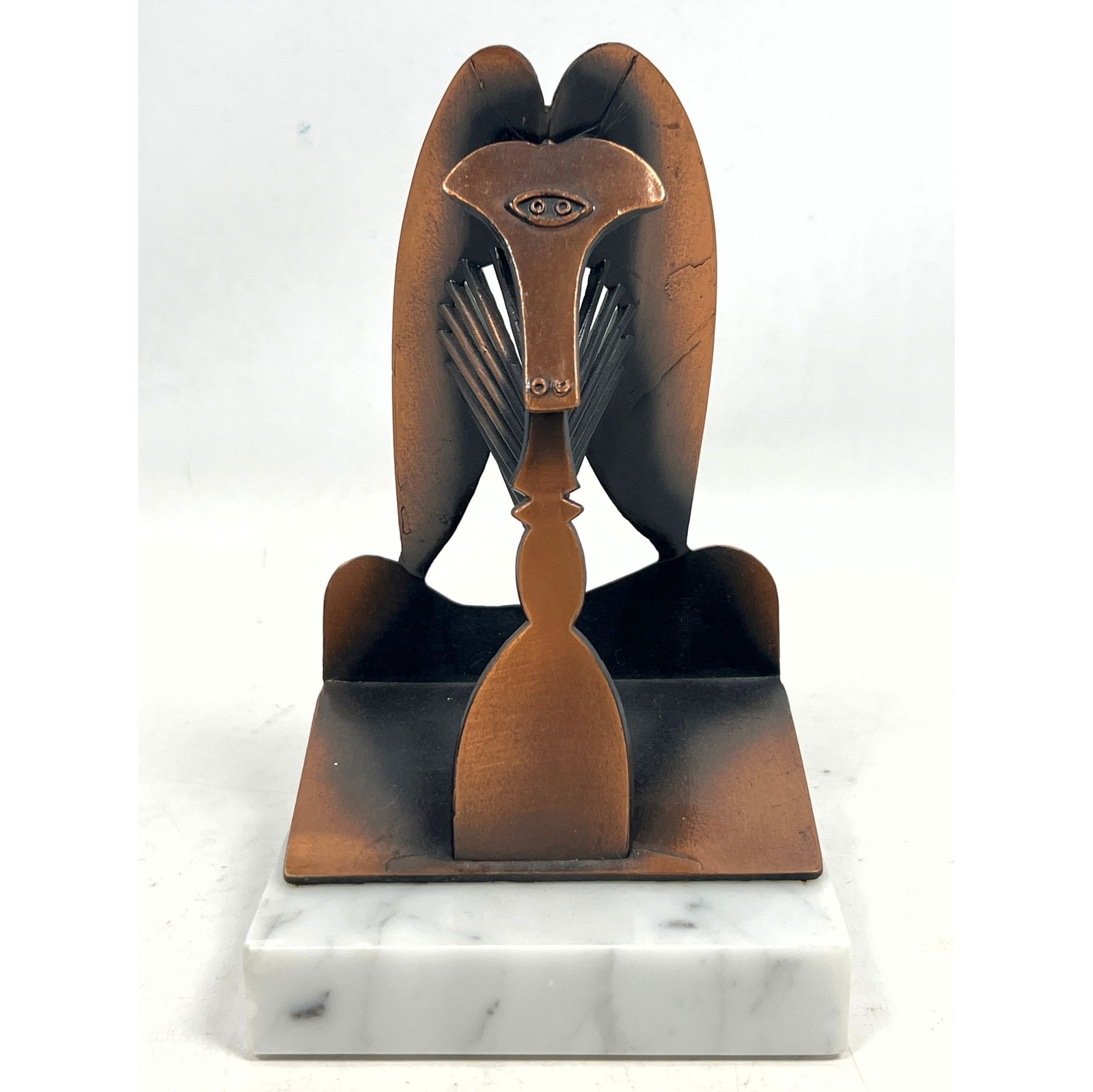 After PABLO PICASSO Copper Finish Figural Sculpture. Chicago. Copper finish metal sculpture on marbl: After PABLO PICASSO Copper Finish Figural Sculpture. Chicago. Copper finish metal sculpture on marble base. 1967. Chicago Publishing Bldg Commission. Dimensions: Height: 7 inches, Width: 4 inches, Dep