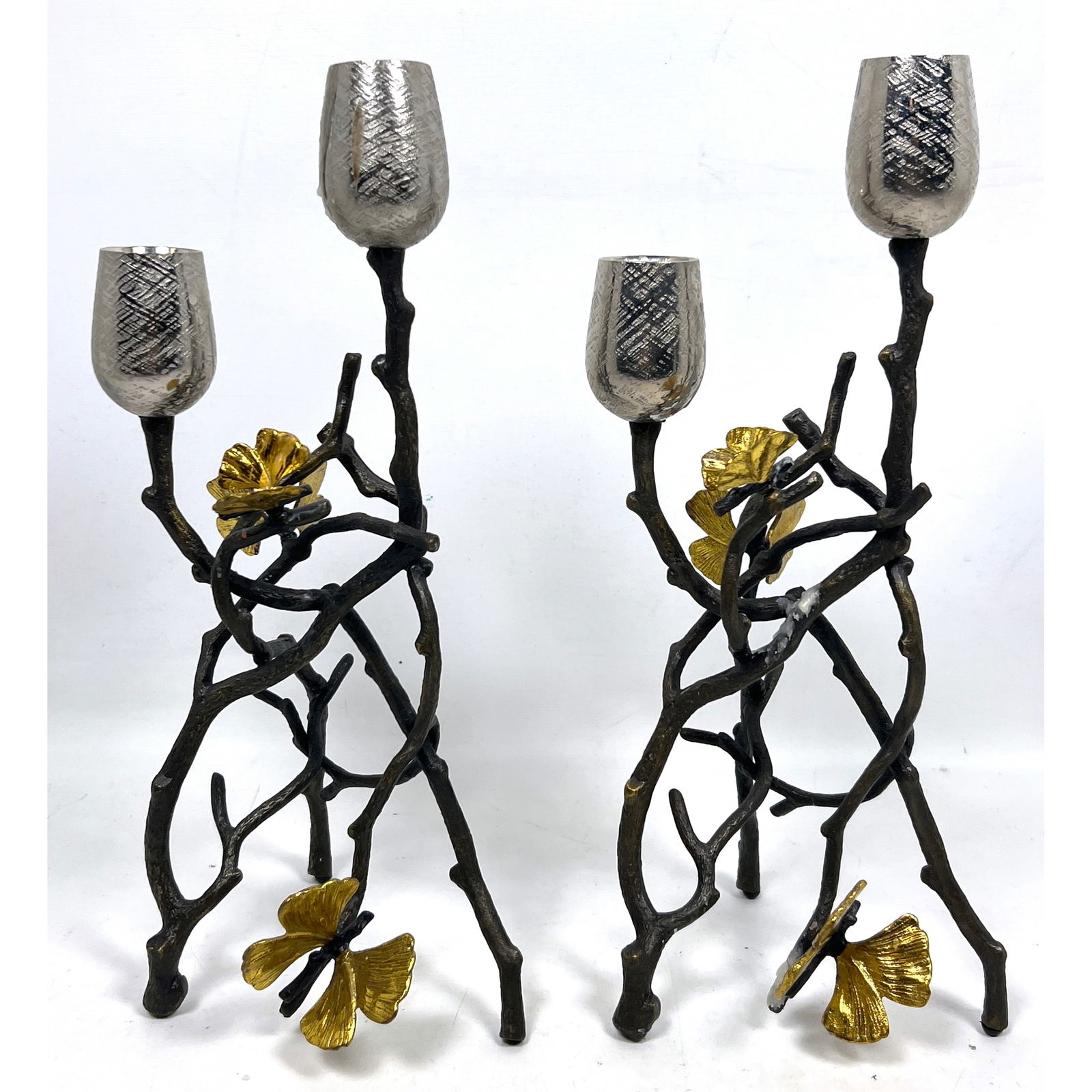 Pr MICHAEL ARAM Candlesticks. "Butterfly Ginkgo" Naturalist Mixed Metal Form. Branch Form with Ginkg (1 of 10)