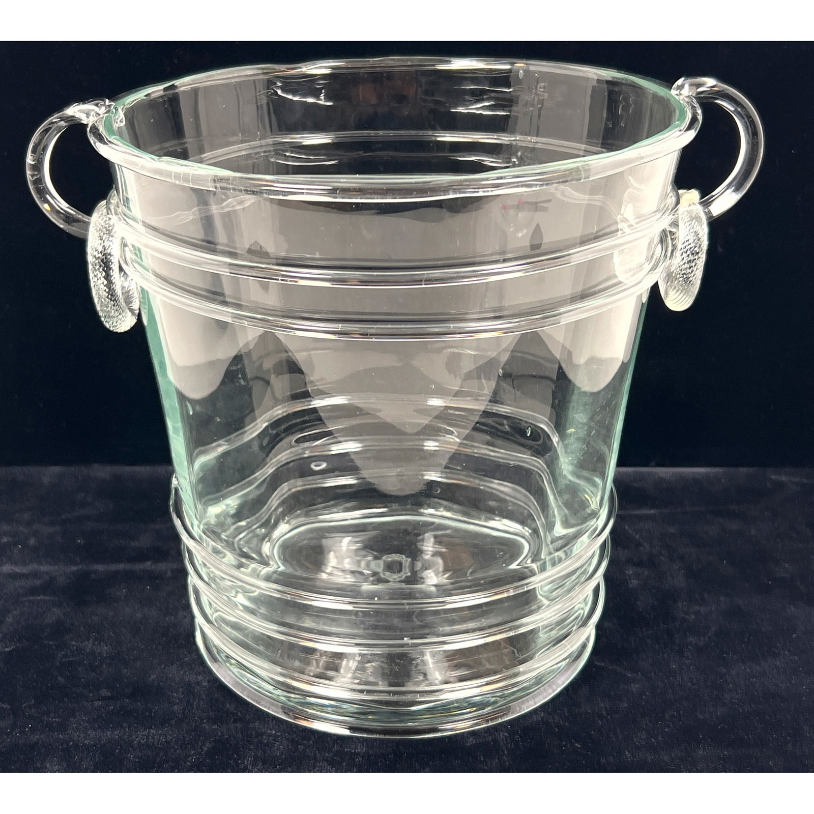 Hand Blown Glass Cistern Champaign Bucket with Ring Handles. Probably Murano for MMA.: Hand Blown Glass Cistern Champaign Bucket with Ring Handles. Probably Murano for MMA. Dimensions: Height: 10.25 inches, Width: 13 inches, Depth: 10.5 inches. --- US Packing and Shipping