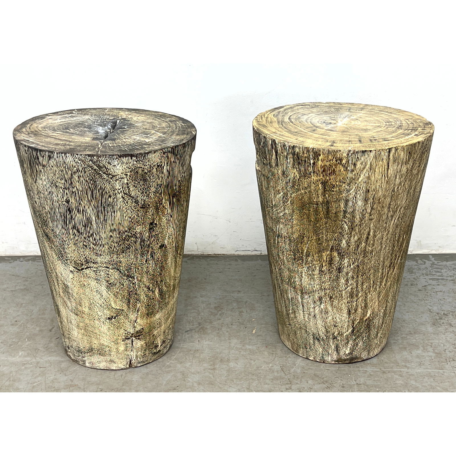 Pair Heavy Wood Stump Form Side Table Stools with Cut out Handles. 1 with butterfly joints. (1 of 12)
