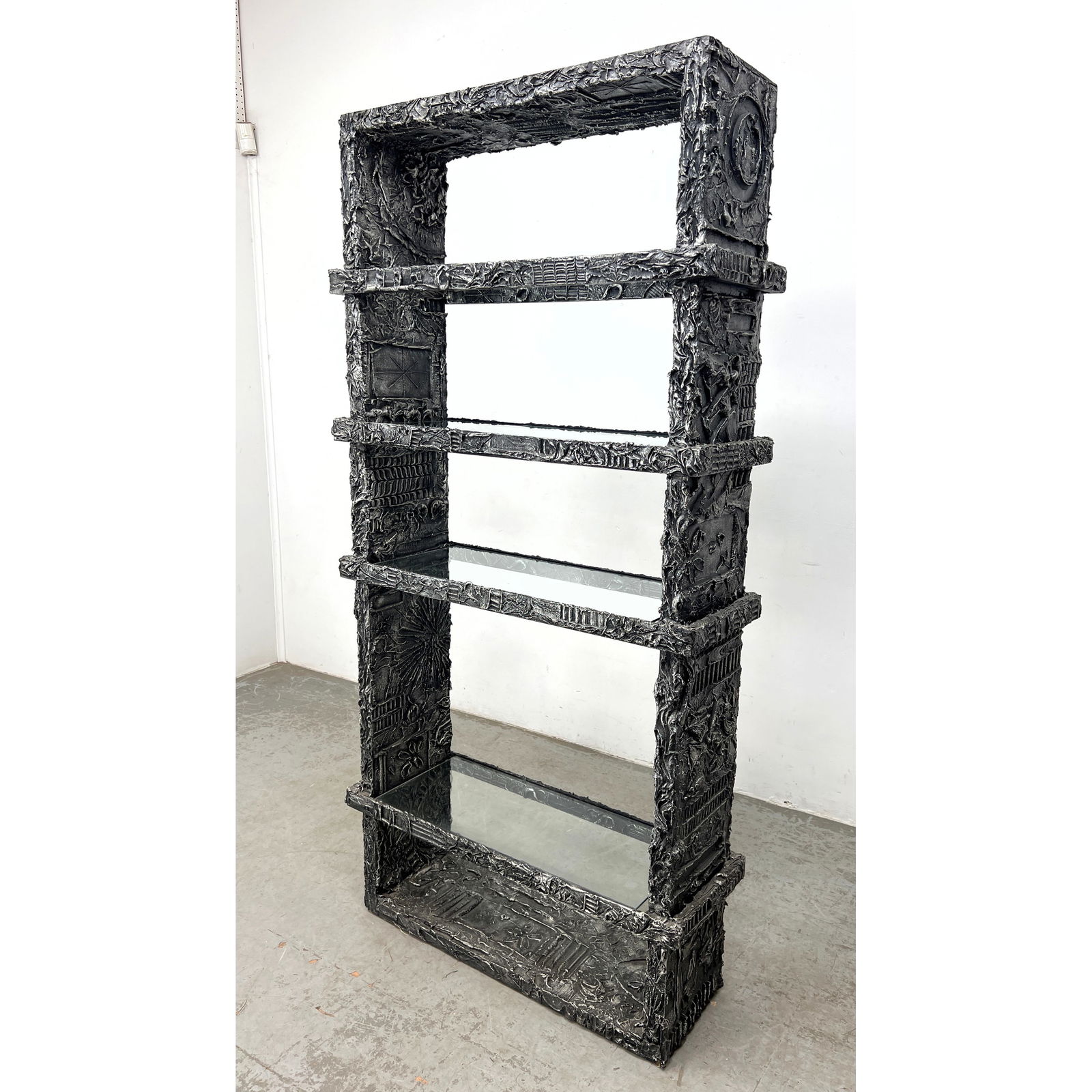 ADRIAN PEARSALL Brutalist Goop Etagere. Display Shelves. Silvered black sculptural goop finish. Glas (1 of 10)