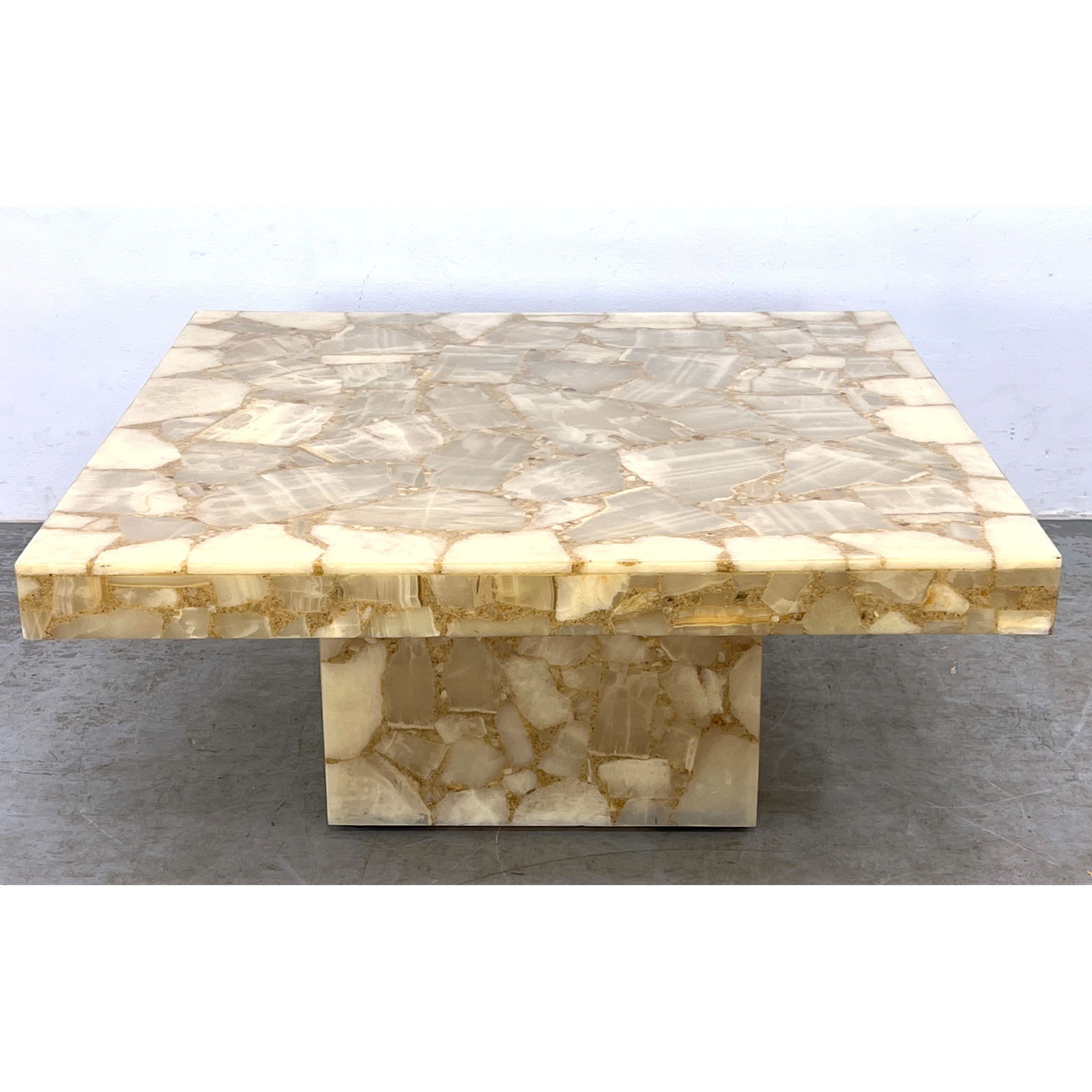 Muller Style Onyx and resin coffee table featuring a square tabletop supported by a matching central (1 of 8)