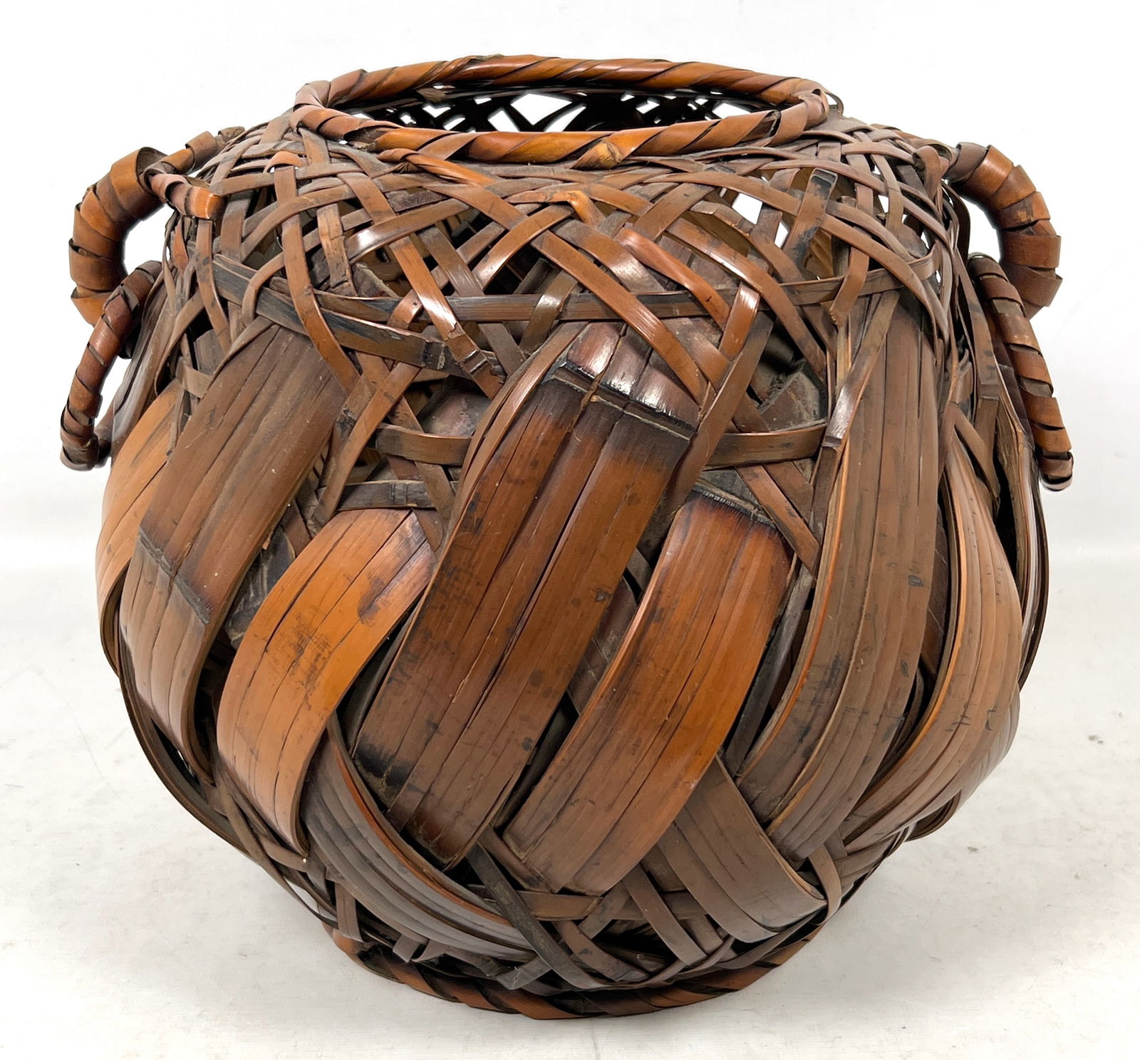 Japanese Woven Bamboo Basket. Open work Woven Design. Small Handles with Ring Drops. Bottom is open (1 of 11)