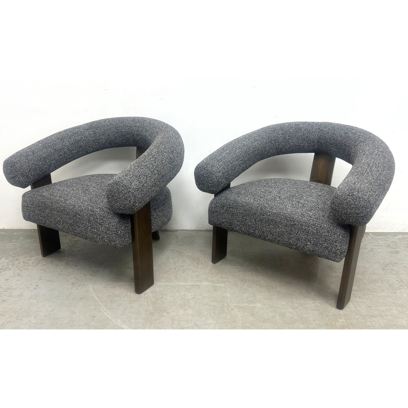 Pair Contemporary Modern Lounge Chairs. Barrel back with dark wood frames.: Pair Contemporary Modern Lounge Chairs. Barrel back with dark wood frames. Dimensions: Height: 29.5 inches, Width: 35 inches, Depth: 24 inches. - Seat Height: 17.5 inches ---