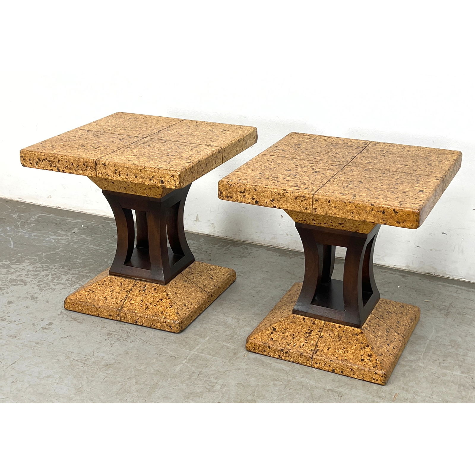 Pr Paul Frankl style JOHNSON FURN. Cork Side Tables. Dark Stained Wood Pedestals support Laminated C (1 of 11)