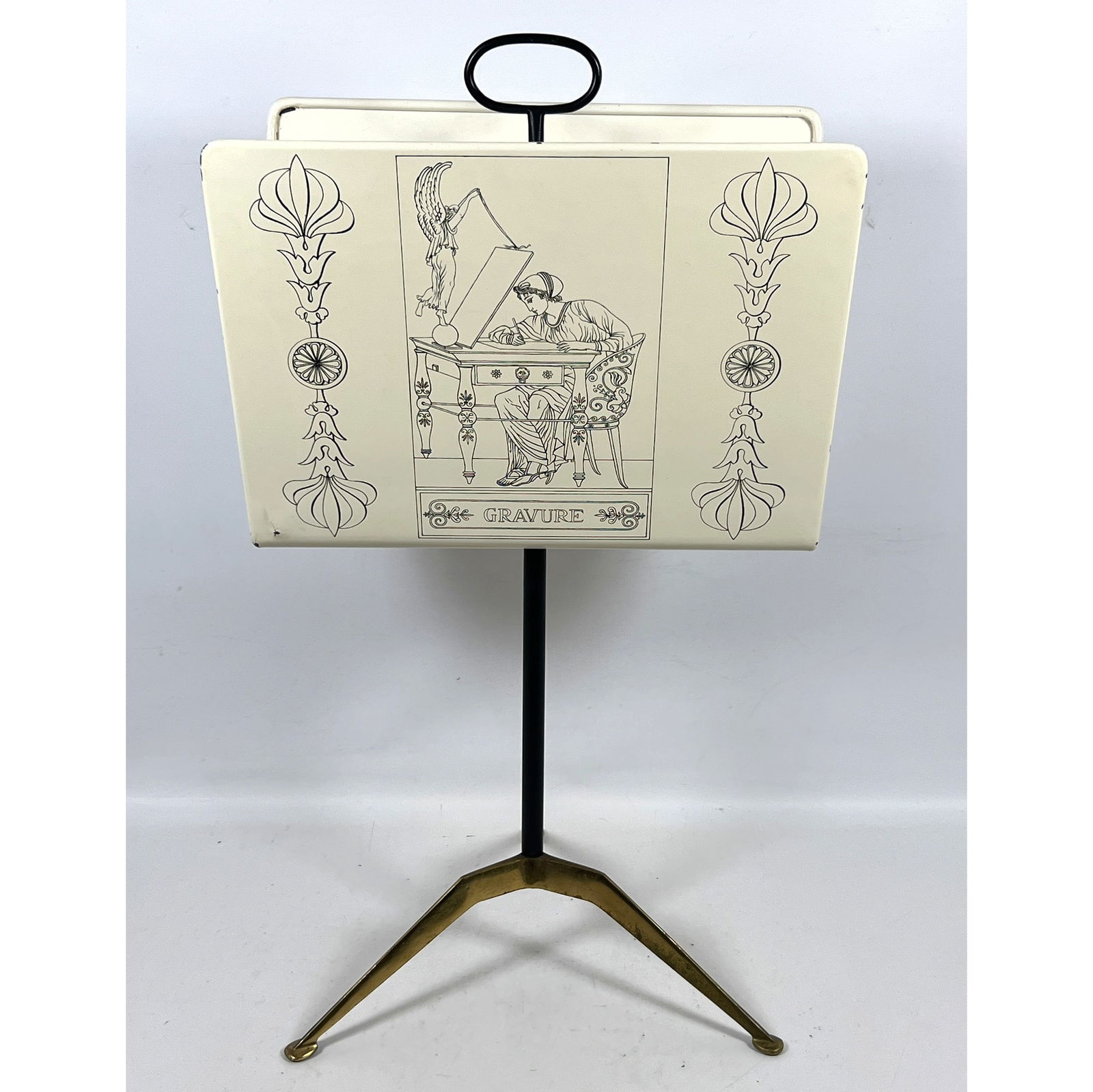 Early 1960s Mid Century Piero Fornasetti Gravure Italian Brass and Painted Metal Magazine Rack Stand (1 of 11)