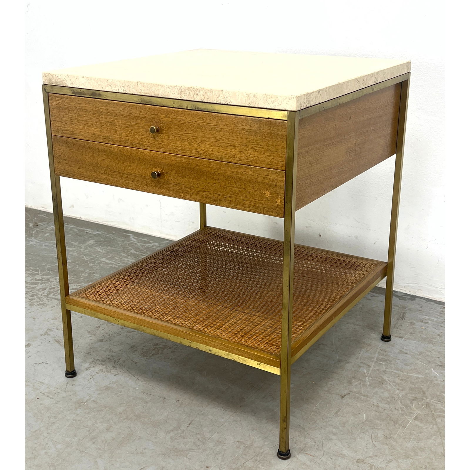 Mid Century Paul McCobb Calvin 2 Drawer Nightstand Side Table. Travertine top and cane shelf. Metal (1 of 12)