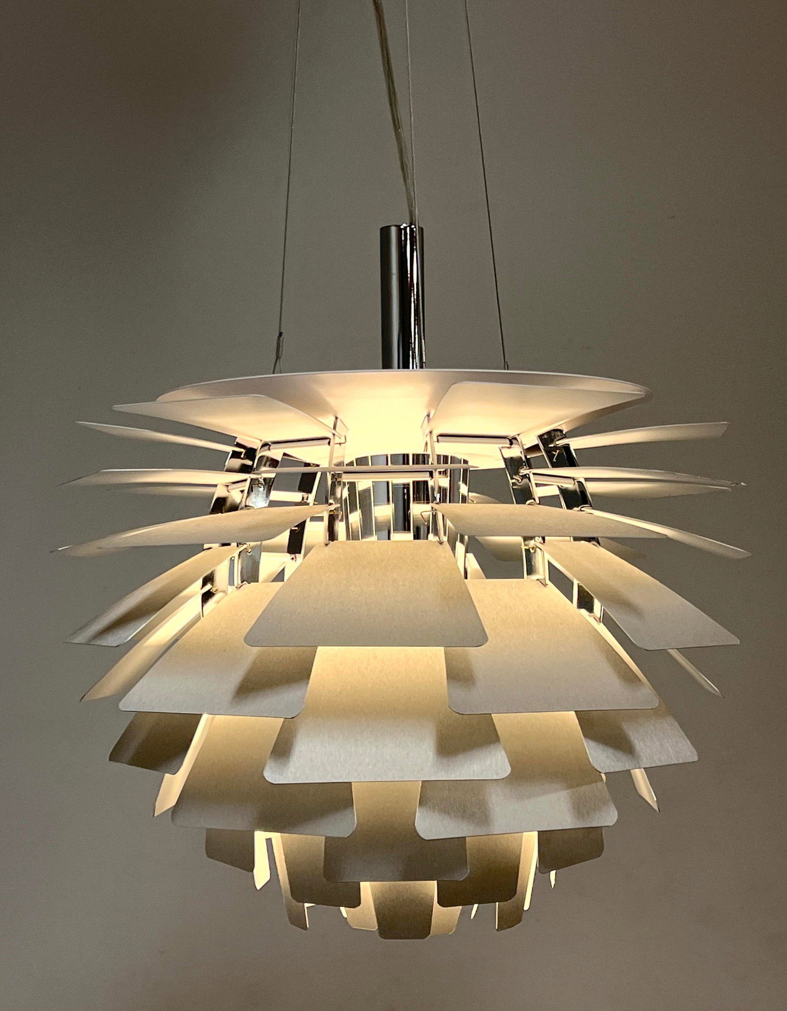 PH style Artichoke Hanging Light. After Poul Henningsen design.: PH style Artichoke Hanging Light. After Poul Henningsen design. Dimensions: Height: 50 inches, Width: 18 inches, Depth: 18 inches. ---