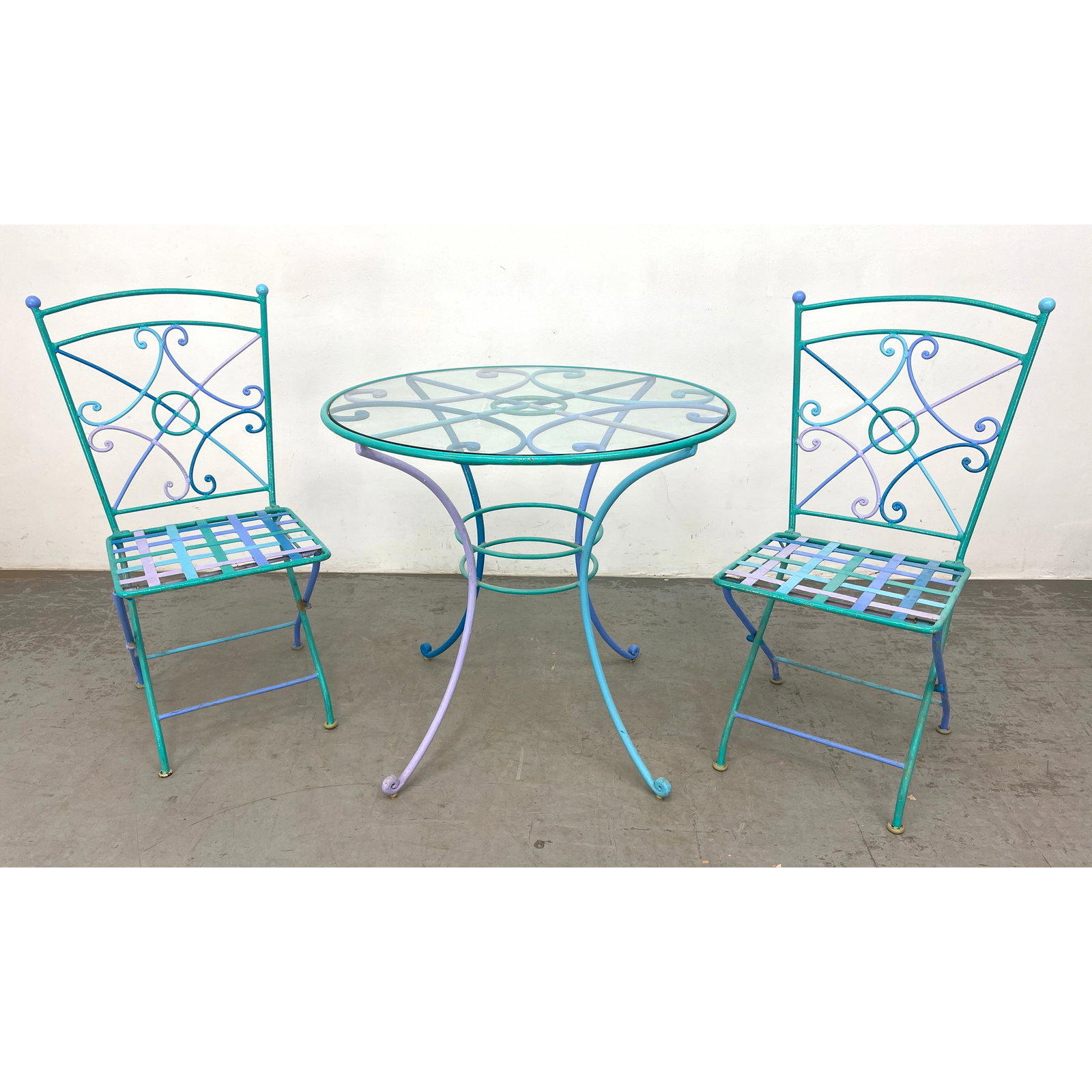 Colorful Heavy Iron Bistro Cafe Dining Set. Good quality. Table and 2 Folding Chairs. Good heavy qua: Colorful Heavy Iron Bistro Cafe Dining Set. Good quality. Table and 2 Folding Chairs. Good heavy quality. Dimensions: Height: 29.5 inches, Width: 31 inches, Depth: 31 inches. - Seat Height: 17 inches