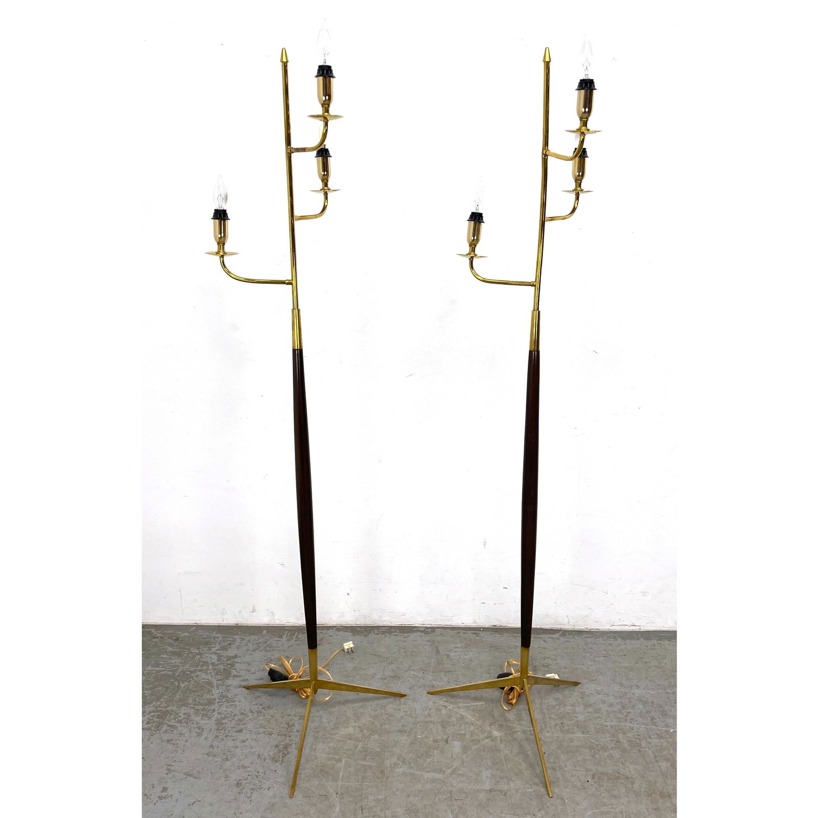 Pr Modernist Brass, Wood Candelabra Floor Lamps. Three Arm Lights on Wood Shaft resting in Tripod Br (1 of 12)