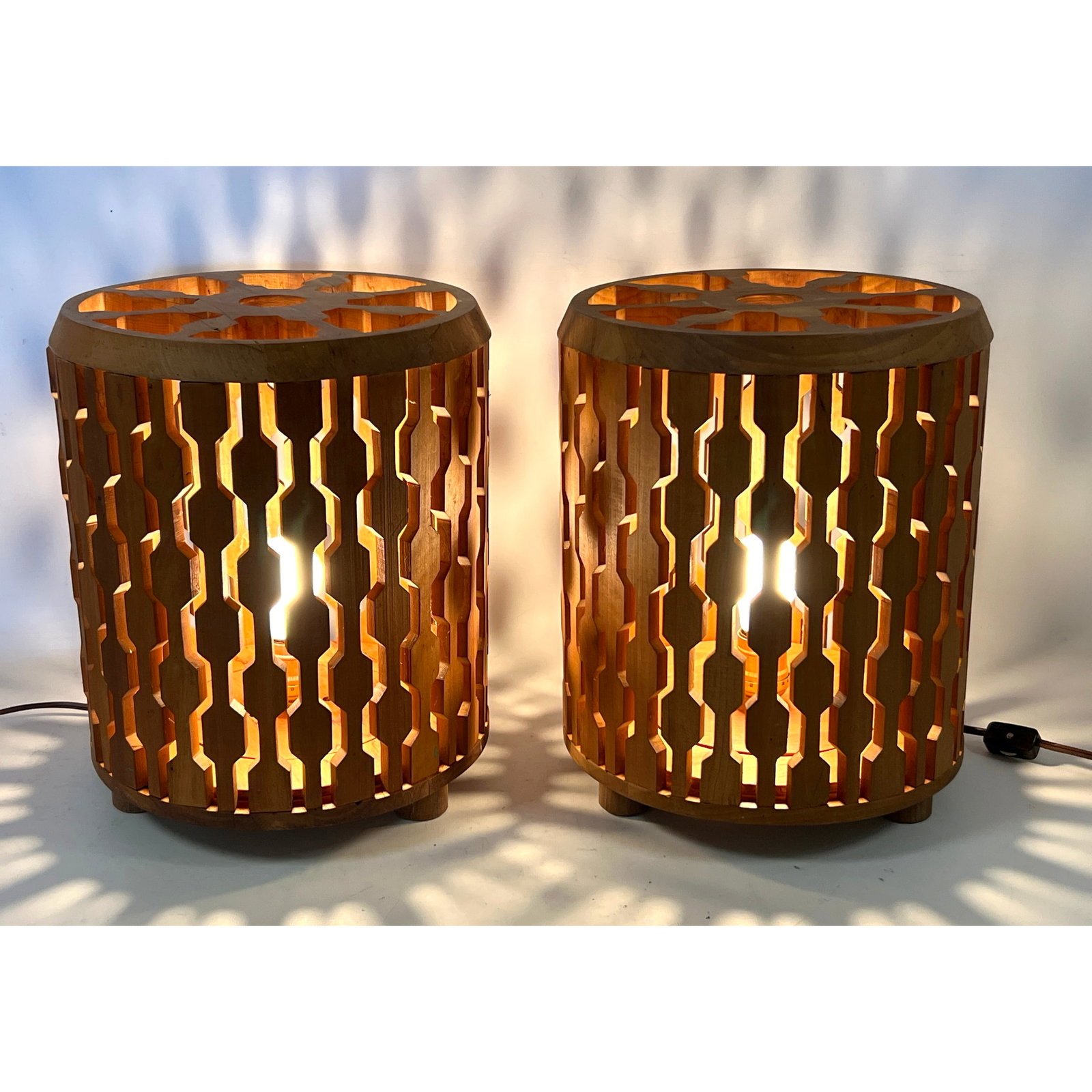 Pair Vintage Mid Century Wood Artisan Lamps, Makers marks stamped on the bases Halsey Woodworking of: Pair Vintage Mid Century Wood Artisan Lamps, Makers marks stamped on the bases Halsey Woodworking of Moretown, Vermont. Dimensions: Height: 12.5 inches, Width: 10.25 inches, Depth: 10.25 inches. --- U