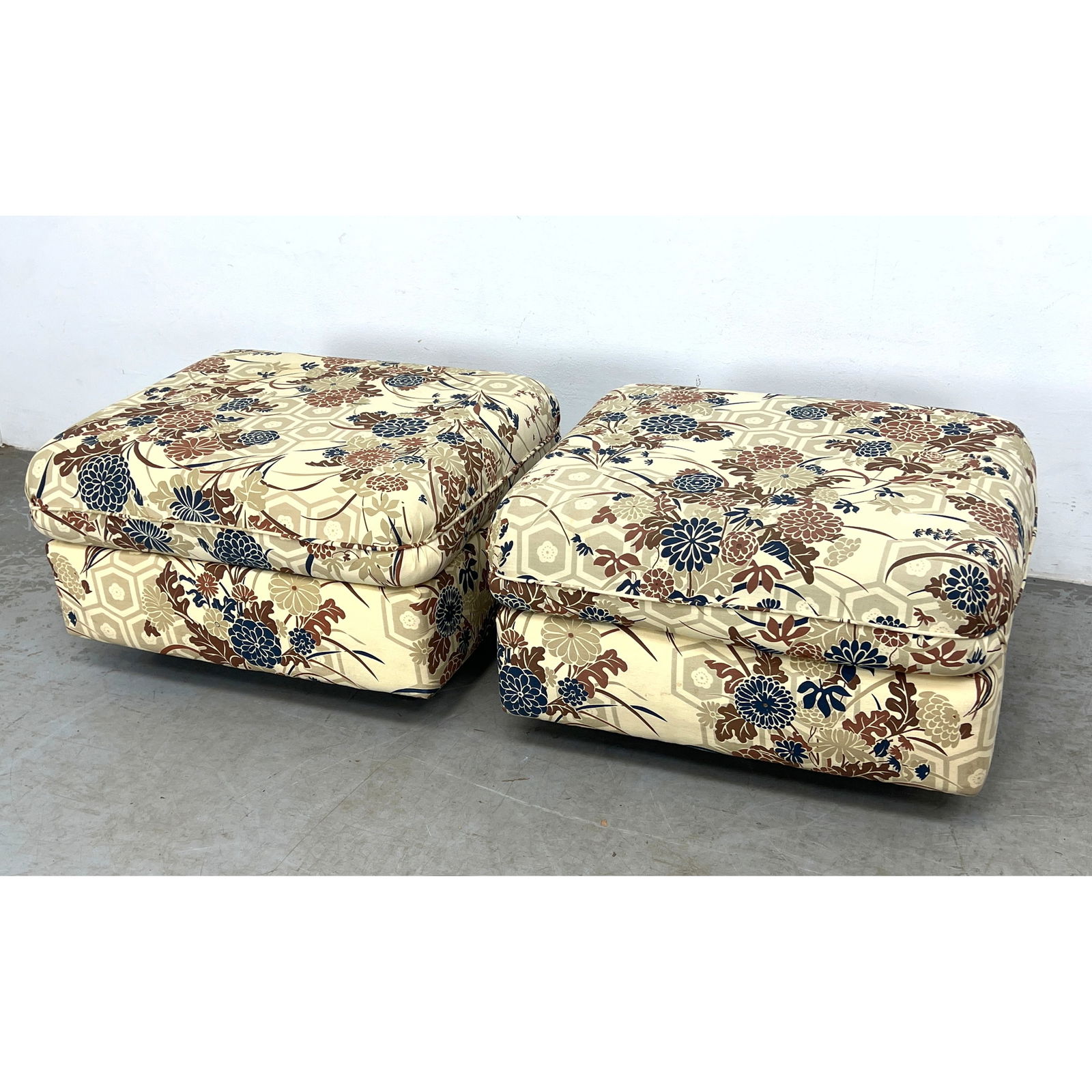 Pair Milo Baughman for Thayer Coggin Ottomans, Floral Pattern, 1970's, Labeled: Pair Milo Baughman for Thayer Coggin Ottomans, Floral Pattern, 1970's, Labeled Dimensions: Height: 14.5 inches, Width: 25 inches, Depth: 25 inches. ---