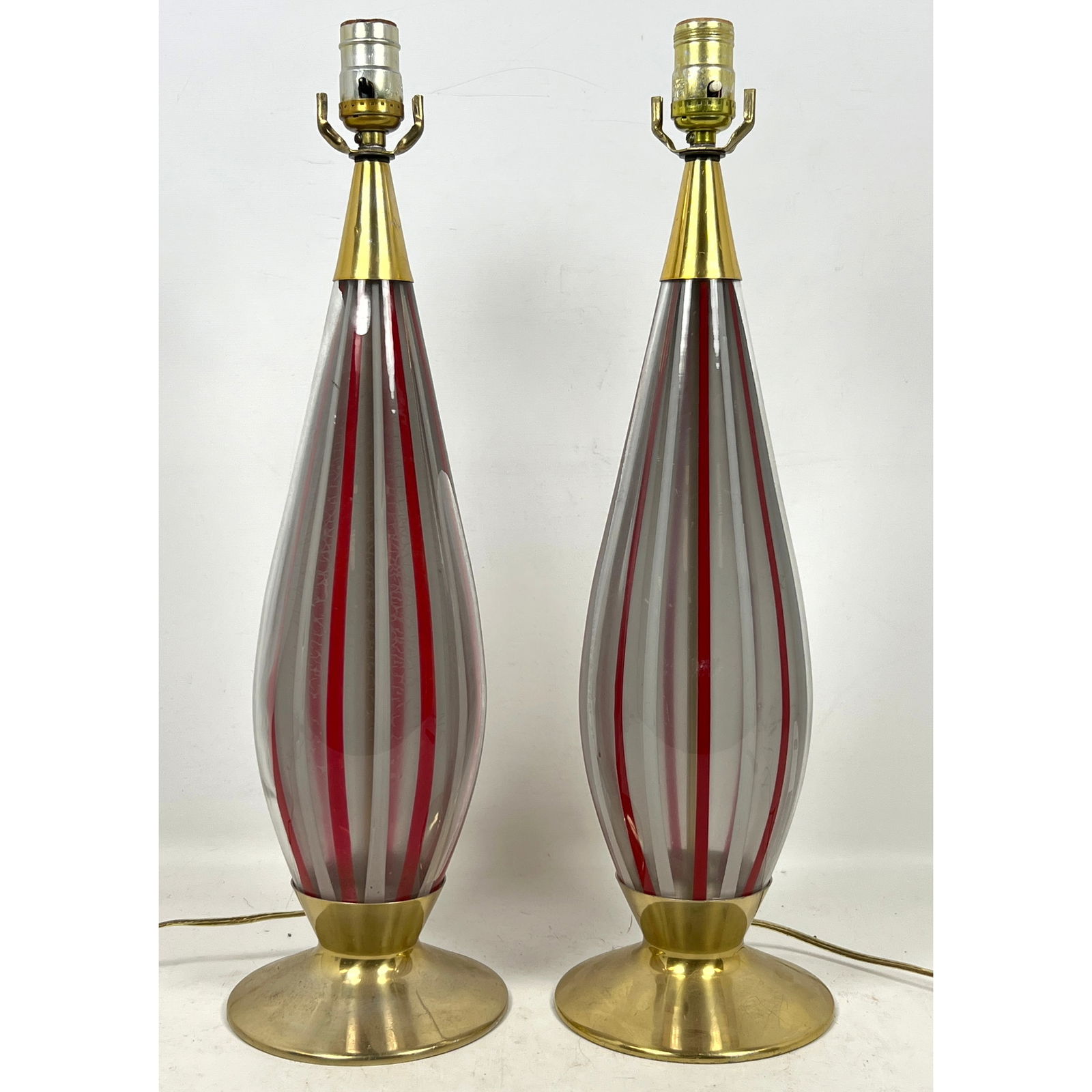 Pair Mid-Century Modern table Lamps. Striped Murano glass bodies.: Pair Mid-Century Modern table Lamps. Striped Murano glass bodies. Dimensions: Height: 22 inches, Width: 7 inches, Depth: 7 inches. --- US Packing and Shipping charge: In house shipping available. Will