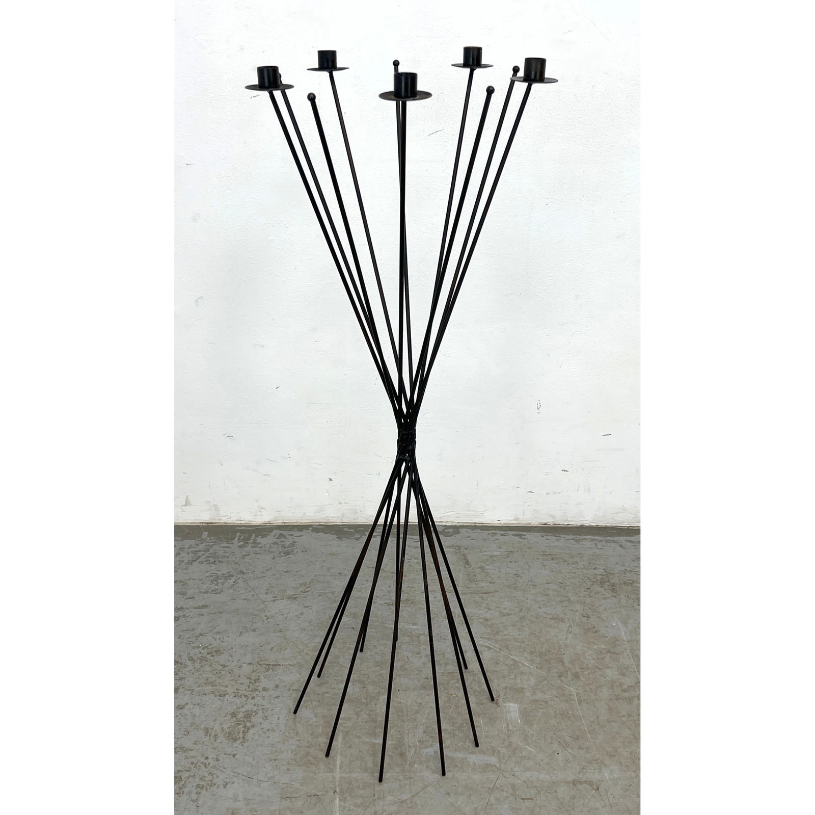 Floor Model Iron Candelabra. Corseted form Iron Rods Support 5 Candleholders. MCM inspired. (1 of 7)