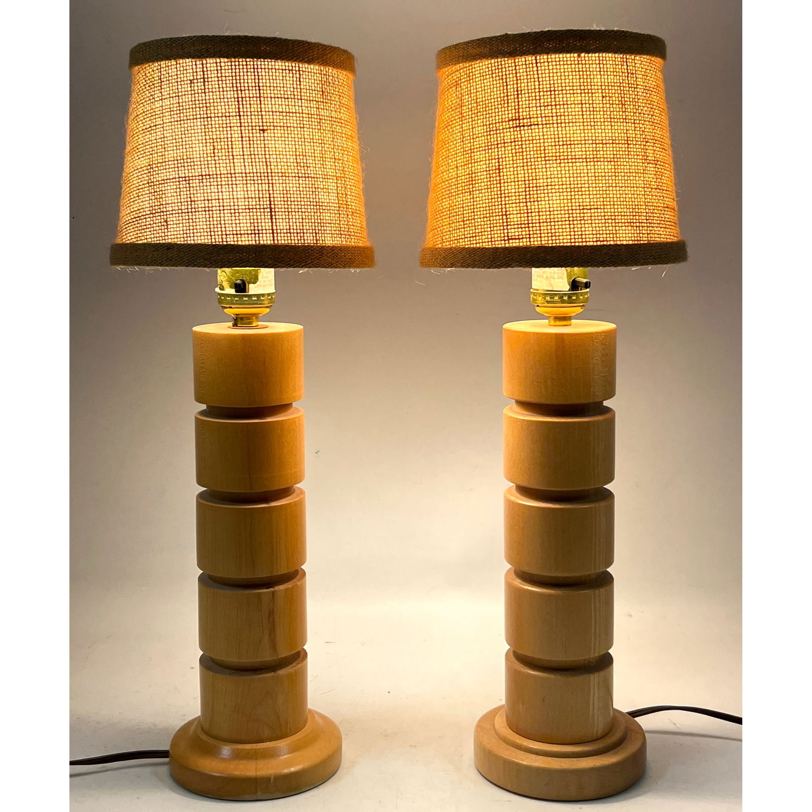 Pr Modern Stacked Wood Disc Column form Table Lamps. Burlap Shades. (1 of 10)