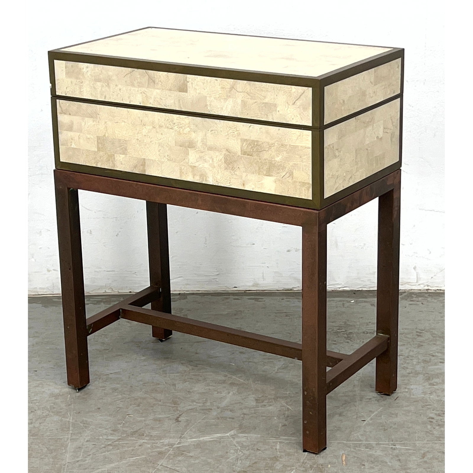 Maitland Smith Tessellated Chest on Brass Stand. Brass banding. (1 of 8)