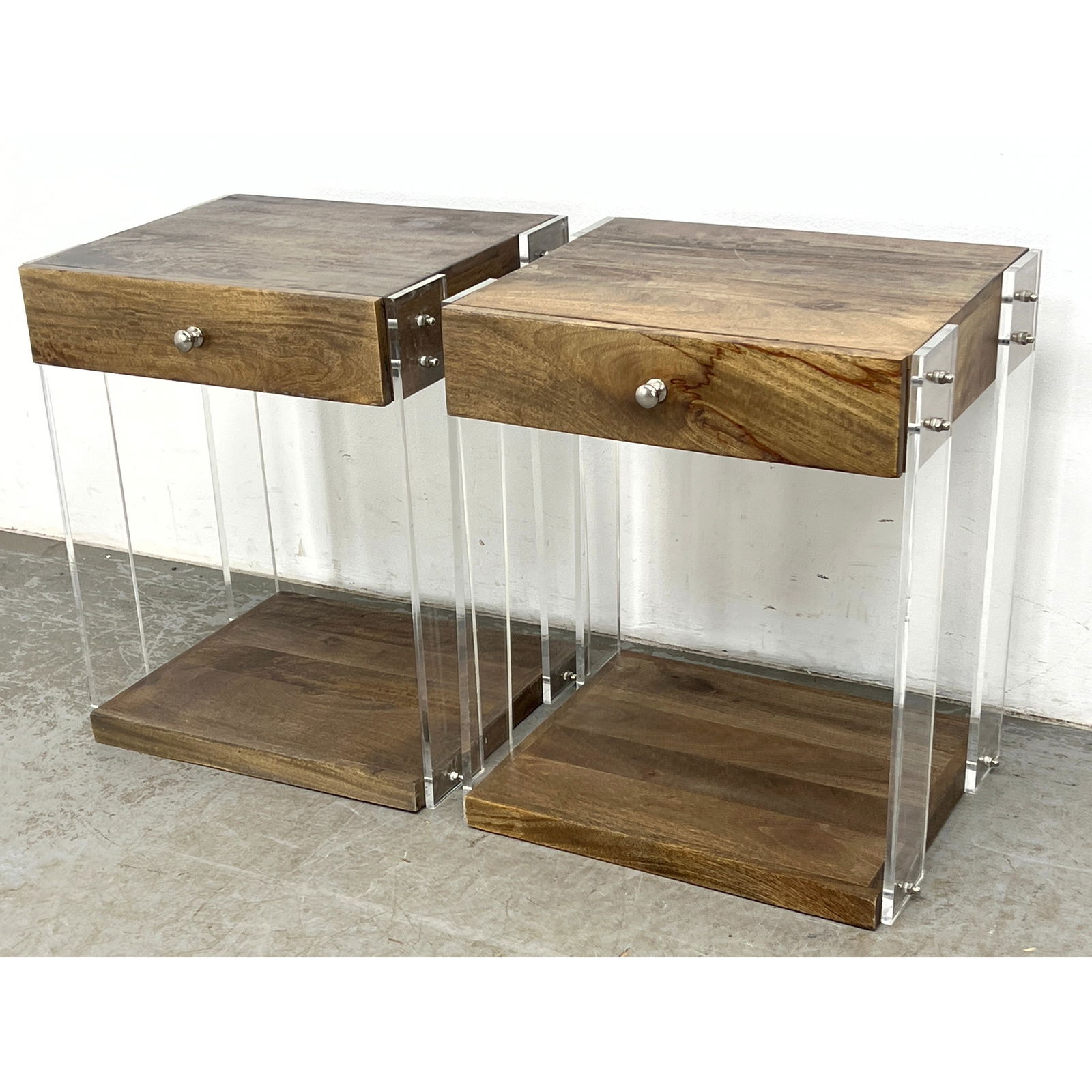 Pair Modernist Wood and Acrylic Side Table Night Stands.: Pair Modernist Wood and Acrylic Side Table Night Stands. Dimensions: Height: 24 inches, Width: 20 inches, Depth: 16.25 inches. ---