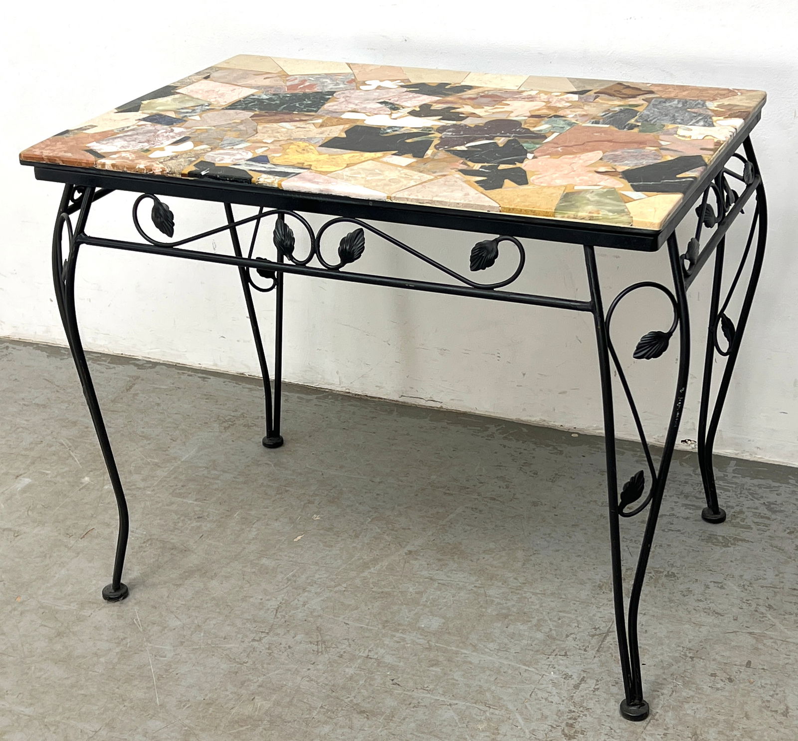 RICHARD H BAILEY Patio Garden Dining Table. Incredible Pietra Dura Table Top has Marble and Stone Sp: RICHARD H BAILEY Patio Garden Dining Table. Incredible Pietra Dura Table Top has Marble and Stone Specimen and Butterfly Shaped Elements; Artist Signed. Sets on Floral Iron Frame. Dimensions: 