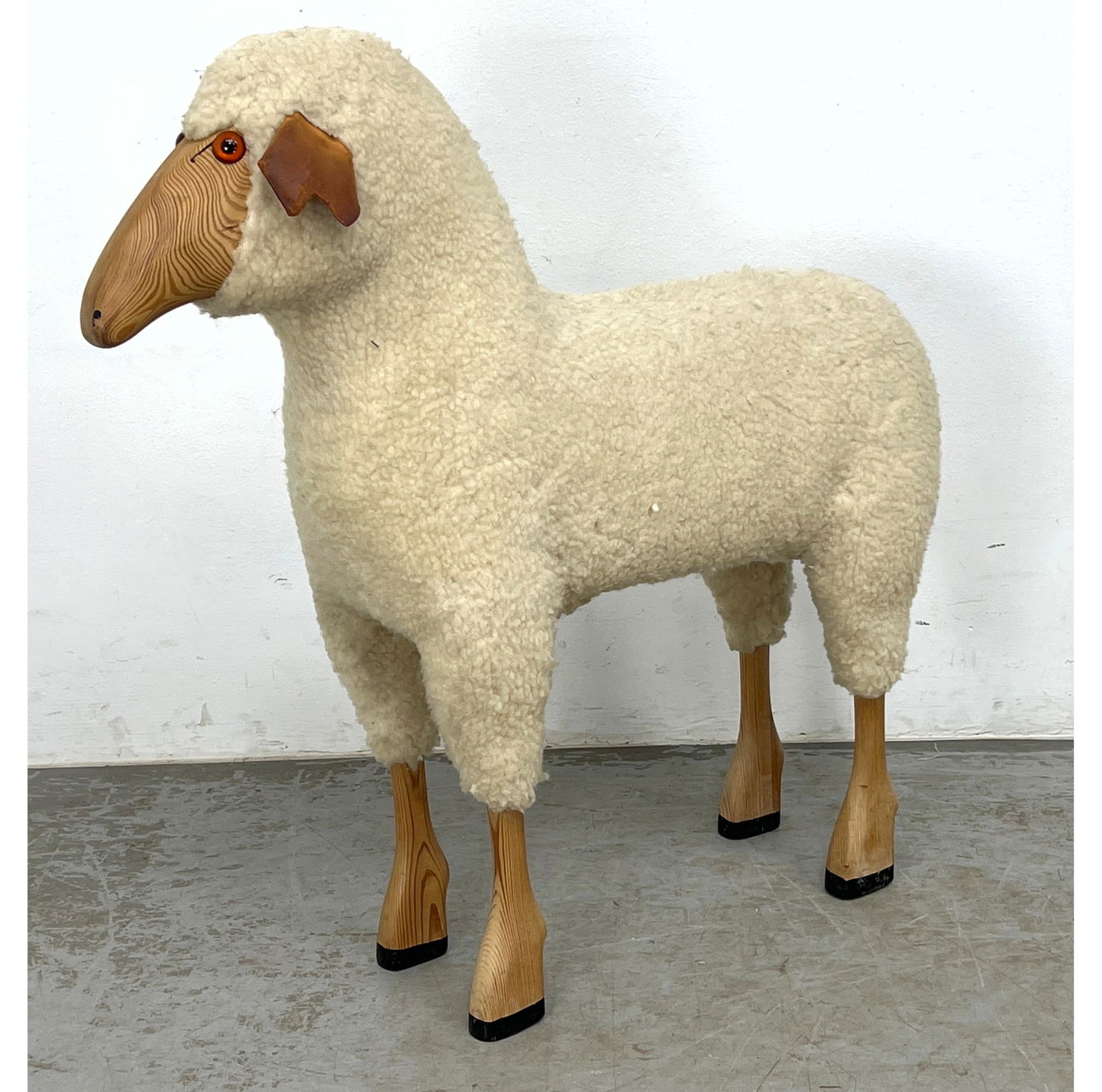 Hanns Peter Krafft Meier Wood and Wool Sheep sculpture.: Hanns Peter Krafft Meier Wood and Wool Sheep sculpture. Dimensions: Height: 34 inches, Width: 10 inches, Depth: 33 inches. ---