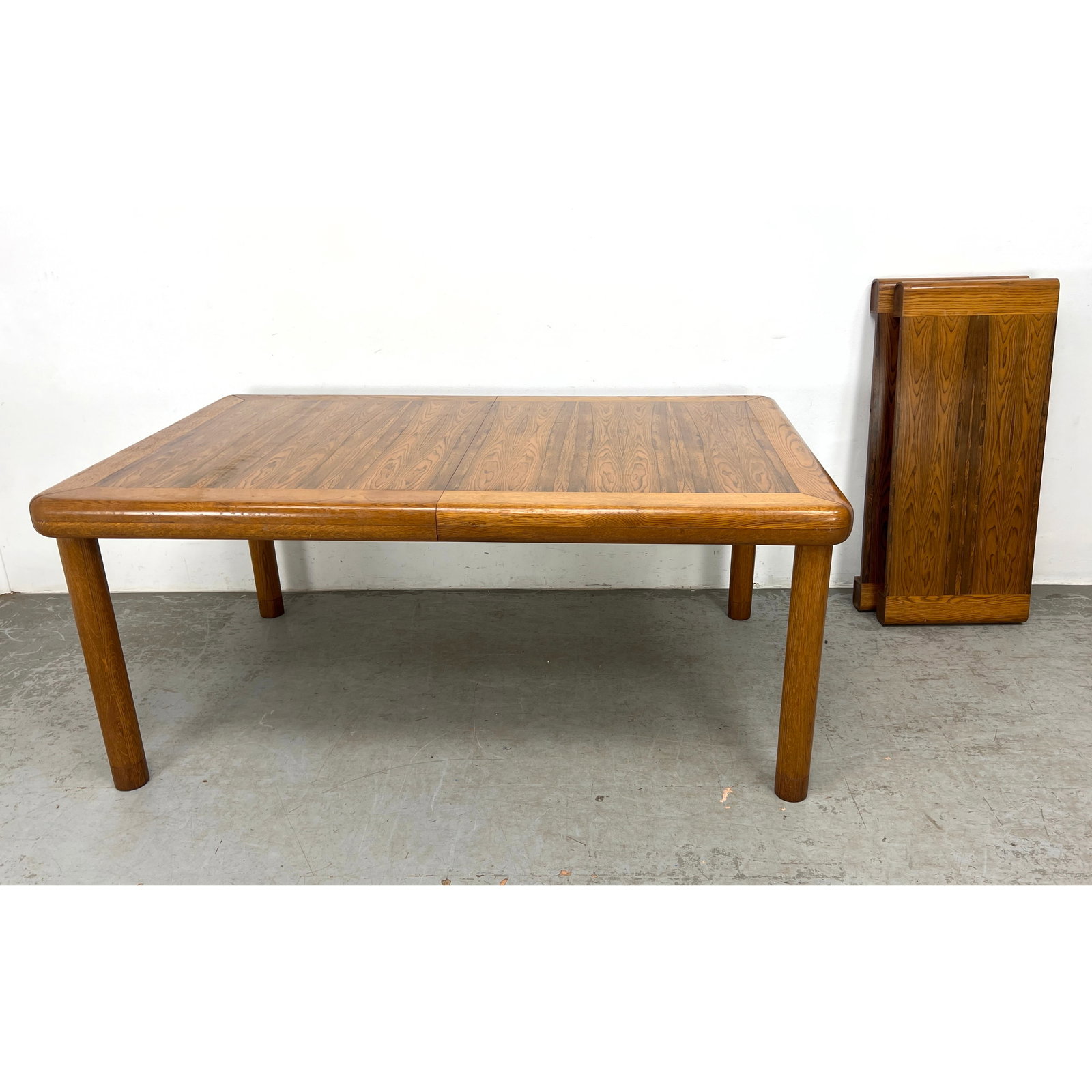 Dunbar Dining Table with 2 Leaves. Thick oak banded Top on Column Legs. (1 of 10)