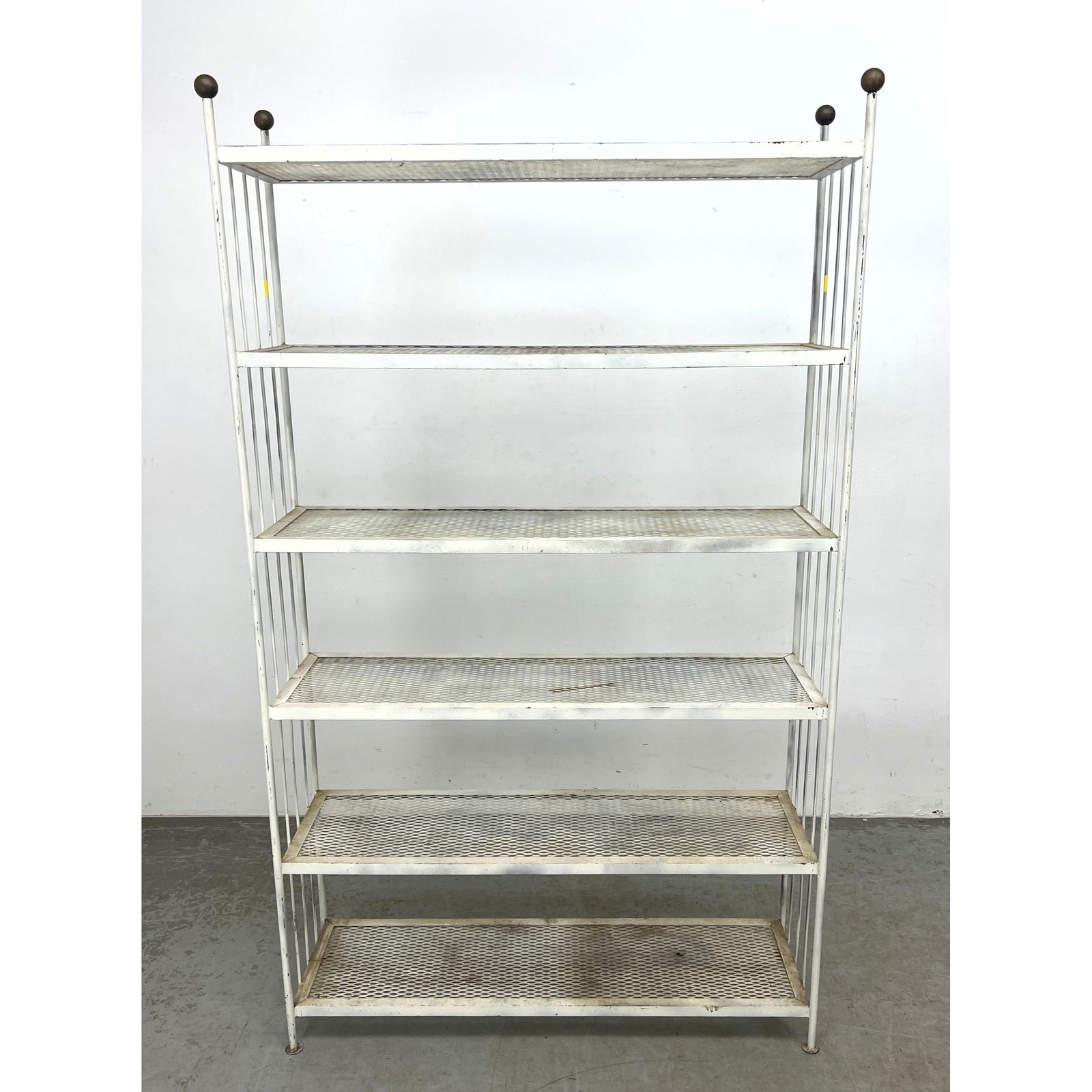 Maurizio Tempestini Style Wrought Etagere with Brass Ball Caps at top: Maurizio Tempestini Style Wrought Etagere with Brass Ball Caps at top Dimensions: Height: 74 inches, Width: 44 inches, Depth: 14 inches. ---