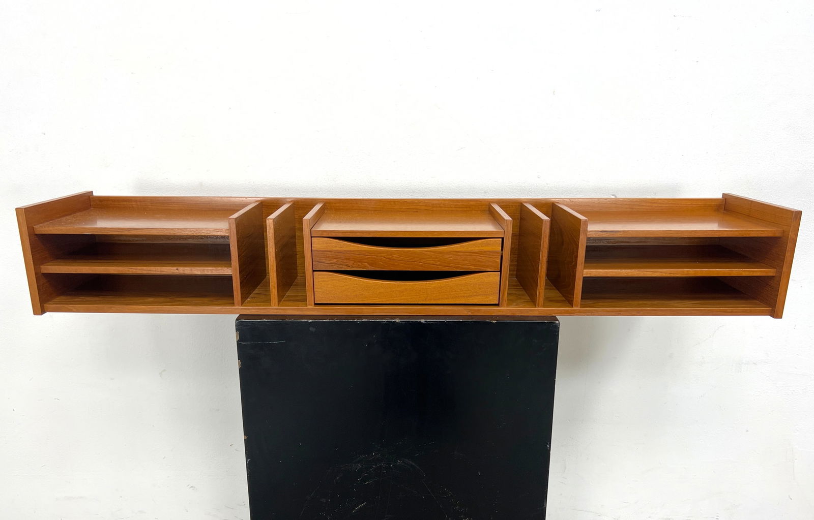 Danish Teak Modern Desk Top Organizer. Attributed to Pedersen and Hansen. The unit has in/out slots: Danish Teak Modern Desk Top Organizer. Attributed to Pedersen and Hansen. The unit has in/out slots and small drawers. pedestal not included. Dimensions: Height: 7 inches, Width: 47.75 inches, Depth: