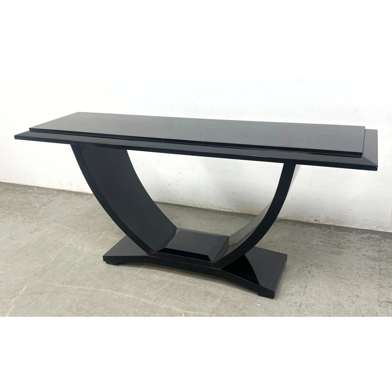 Art Deco Style Black Lacquer Console Sofa Table.: Art Deco Style Black Lacquer Console Sofa Table. Dimensions: Height: 28 inches, Width: 60 inches, Depth: 18 inches. ---