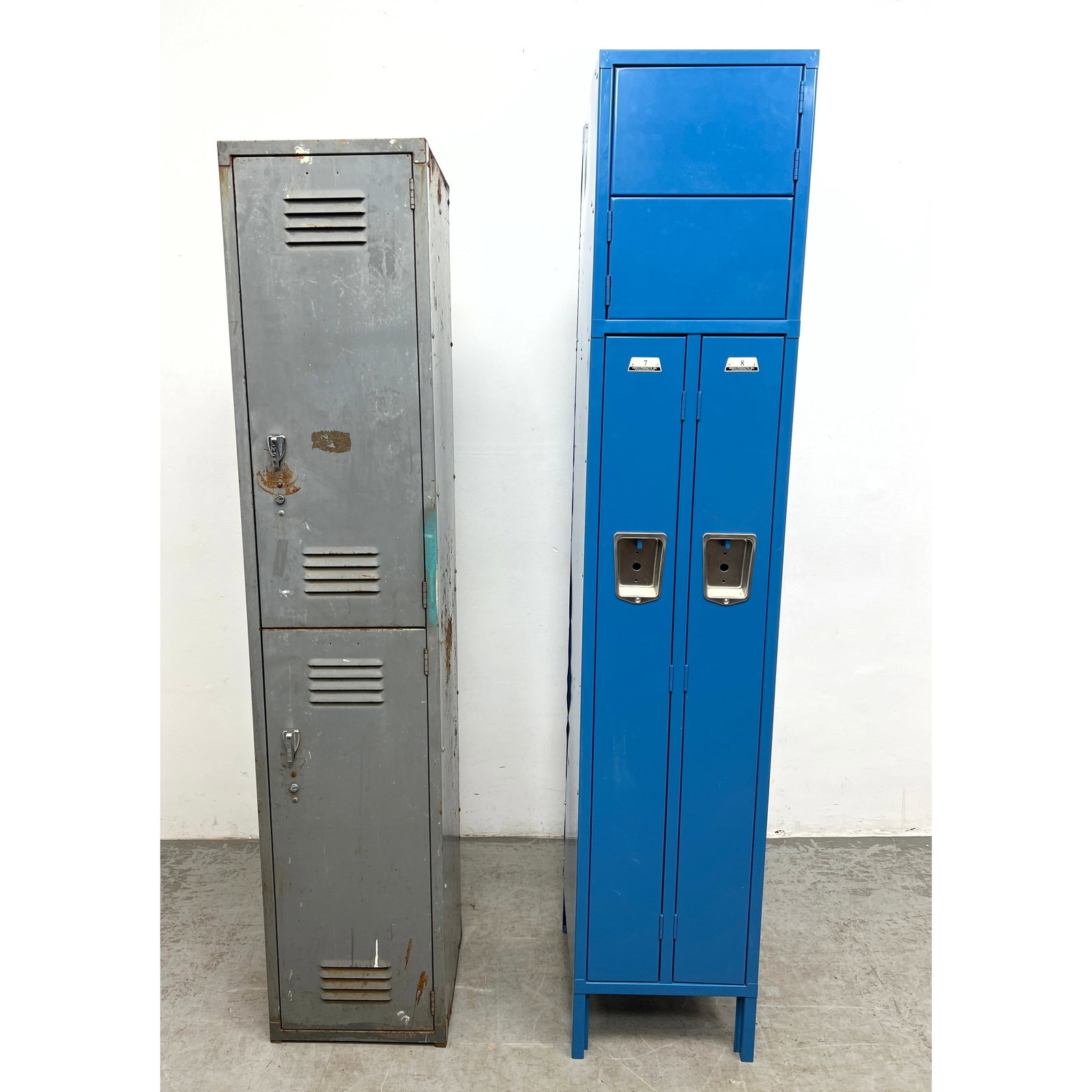 2pcs Steel Locker Cabinets. Industrial Design.: 2pcs Steel Locker Cabinets. Industrial Design. Dimensions: Height: 78 inches, Width: 15 inches, Depth: 18 inches. ---