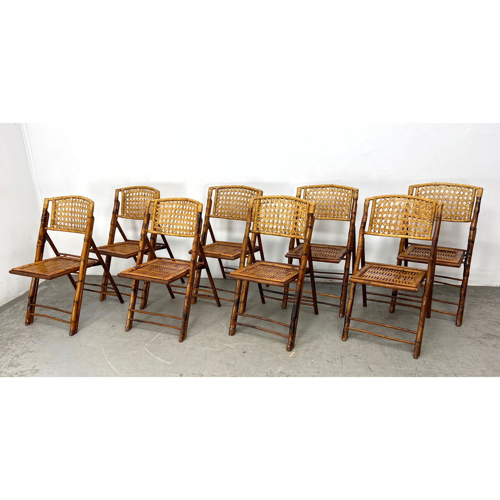 Set 8 Vintage Bamboo Folding Chairs with Rattan Wrapping.: Set 8 Vintage Bamboo Folding Chairs with Rattan Wrapping. Dimensions: Height: 35 inches, Width: 19 inches, Depth: 24 inches. - Seat Height: 18 inches ---