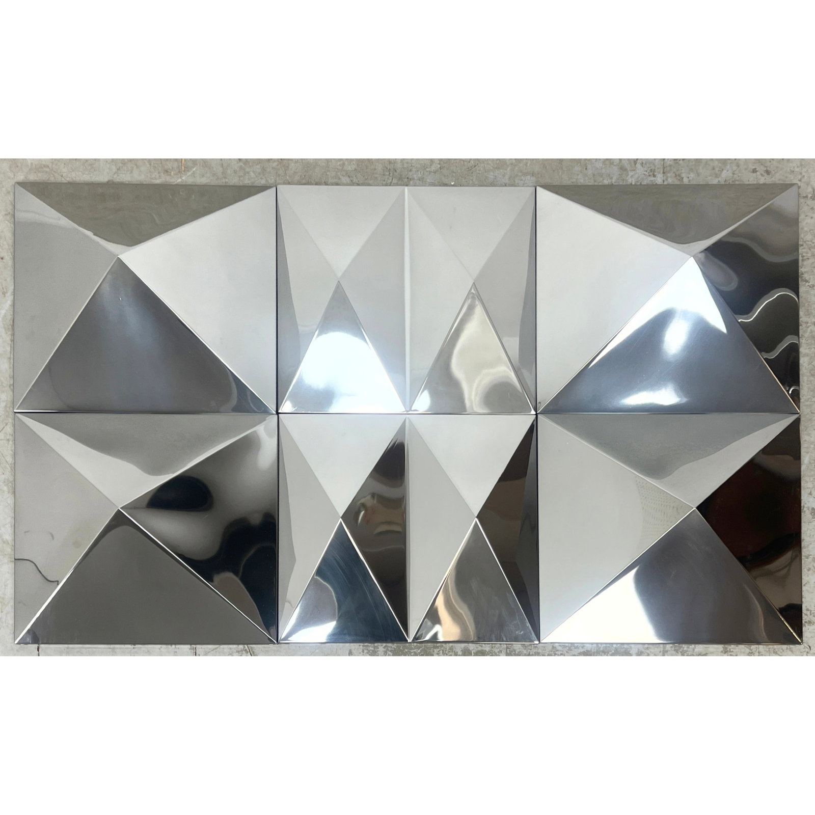 6 Chromed Finish Modernist Acrylic Panels. 4pc Faceted Pyramid Forms. 2pc Faceted Double Pyramid Pan: 6 Chromed Finish Modernist Acrylic Panels. 4pc Faceted Pyramid Forms. 2pc Faceted Double Pyramid Panels. Neat Reflective Faceted Panels Dimensions: Height: 18 inches, Width: 18 inches, Depth: 8 inches